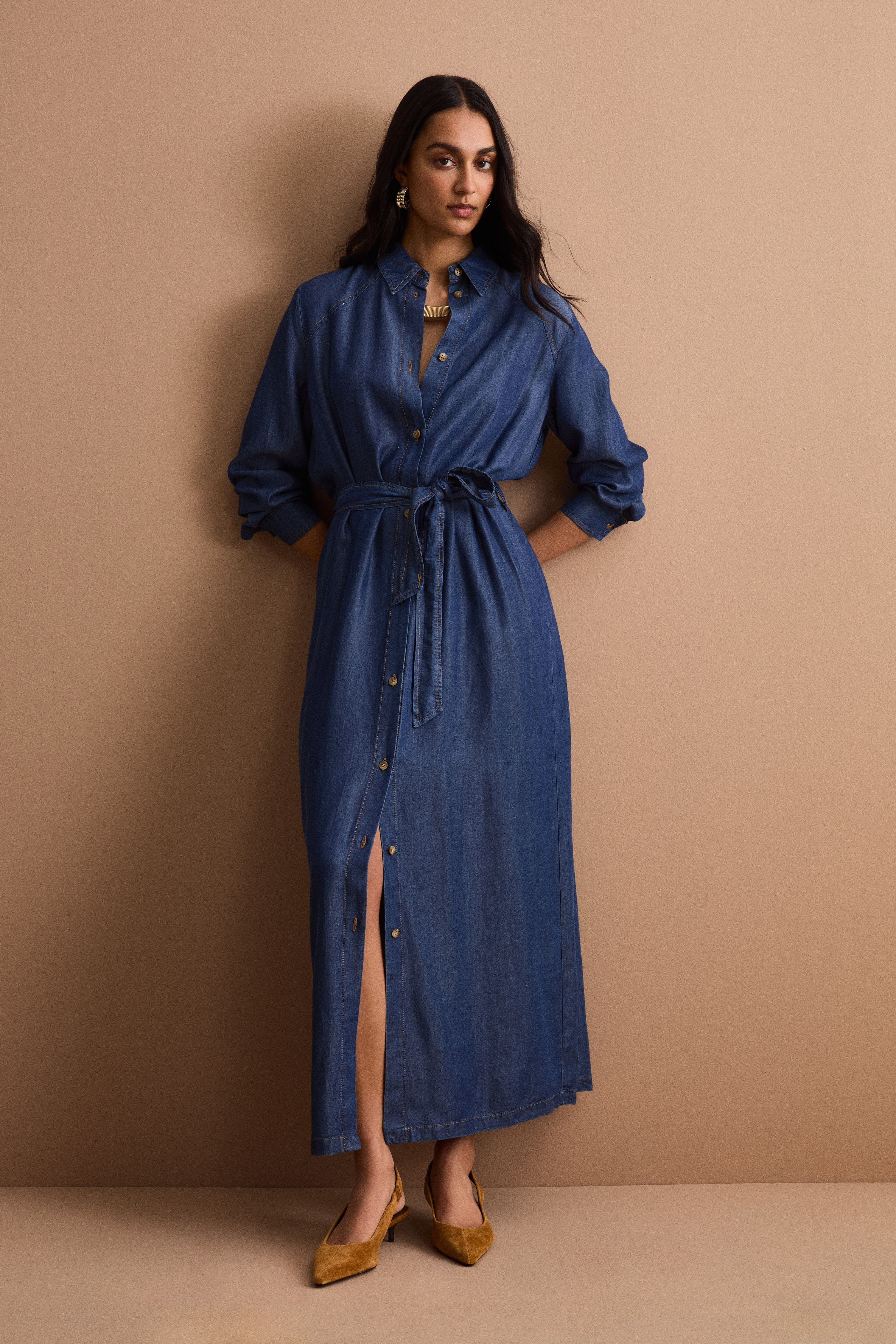 Abito Chemisier Lungo con Cintura in Denim - DENIM