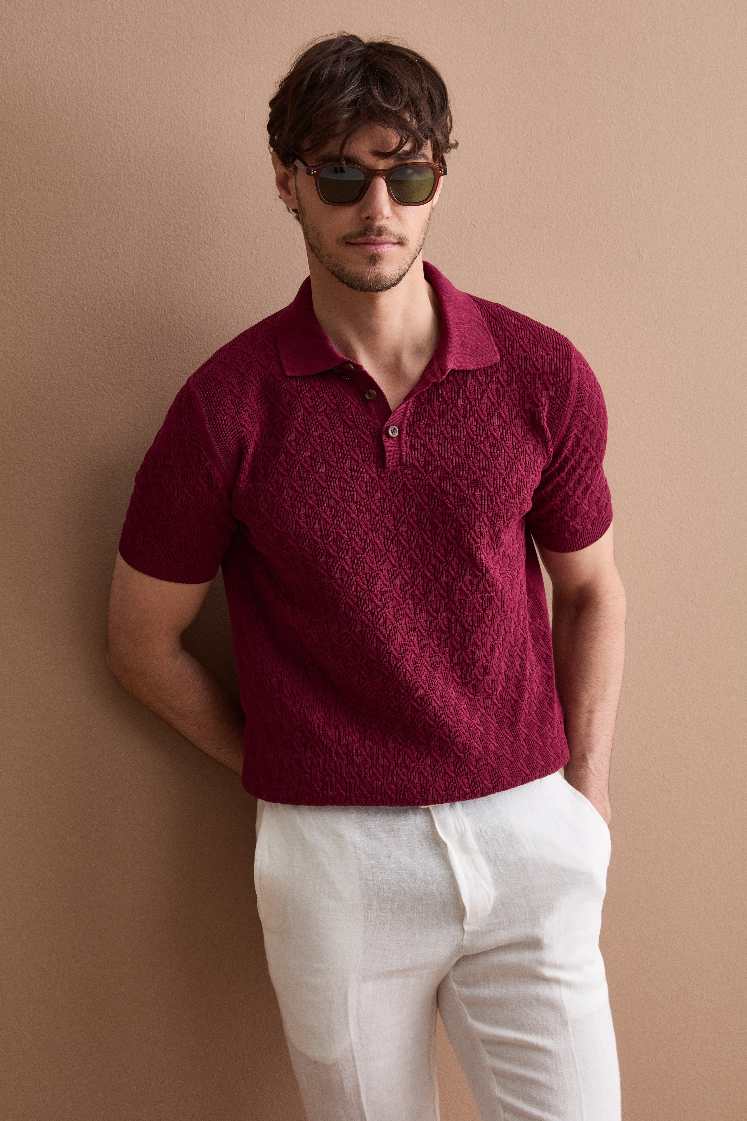 Polo Uomo Lavorata in Cotone Crêpe - BORDEAUX