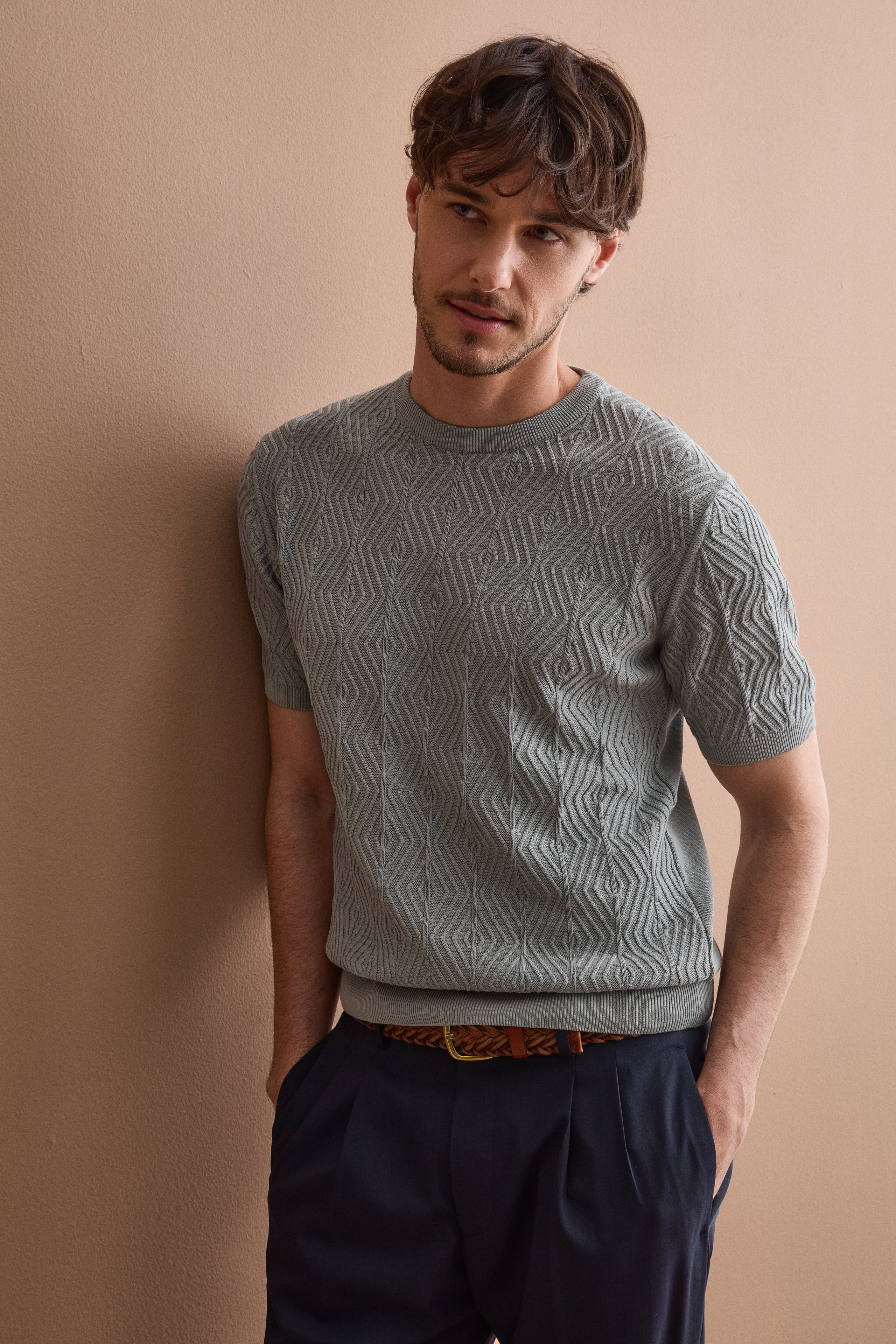 T-Shirt a Rombi in Cotone Crêpe - GRIGIO CHIARO