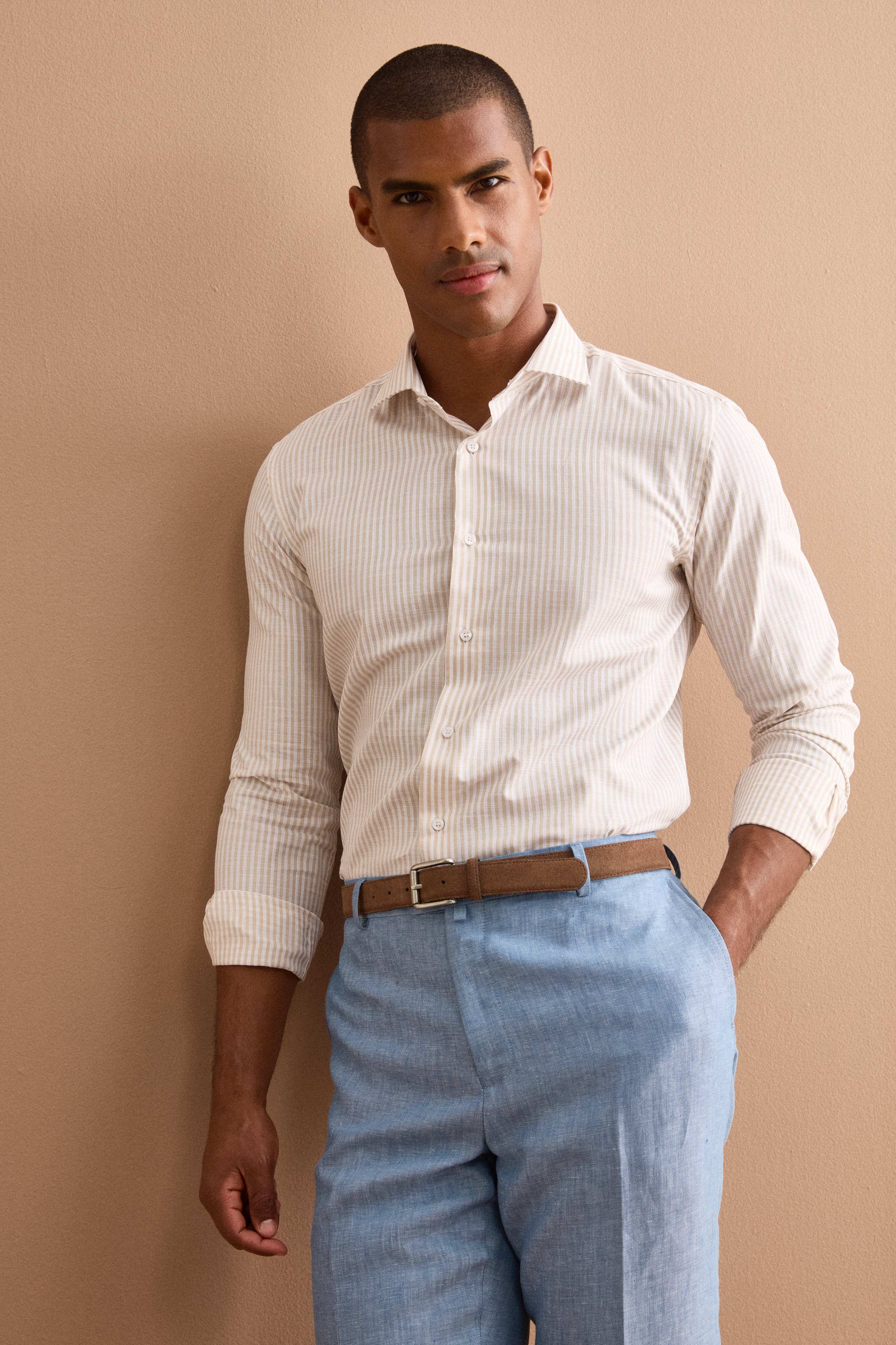 Camicia Dobby Custom Fit a Righe in Cotone - BEIGE RIGATO
