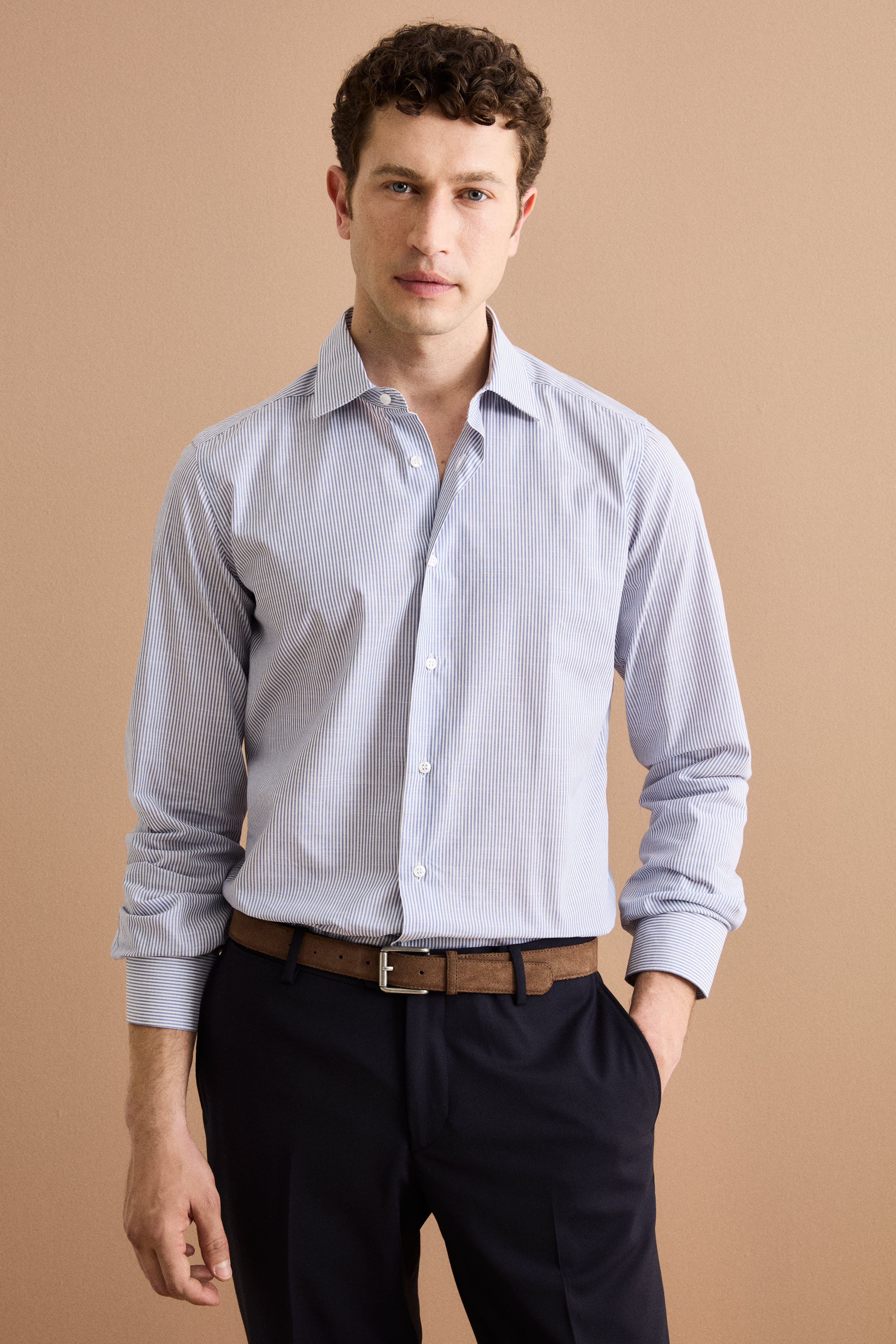 Camicia Slim Fit in Cotone con Collo Classico - RIGATO BLU