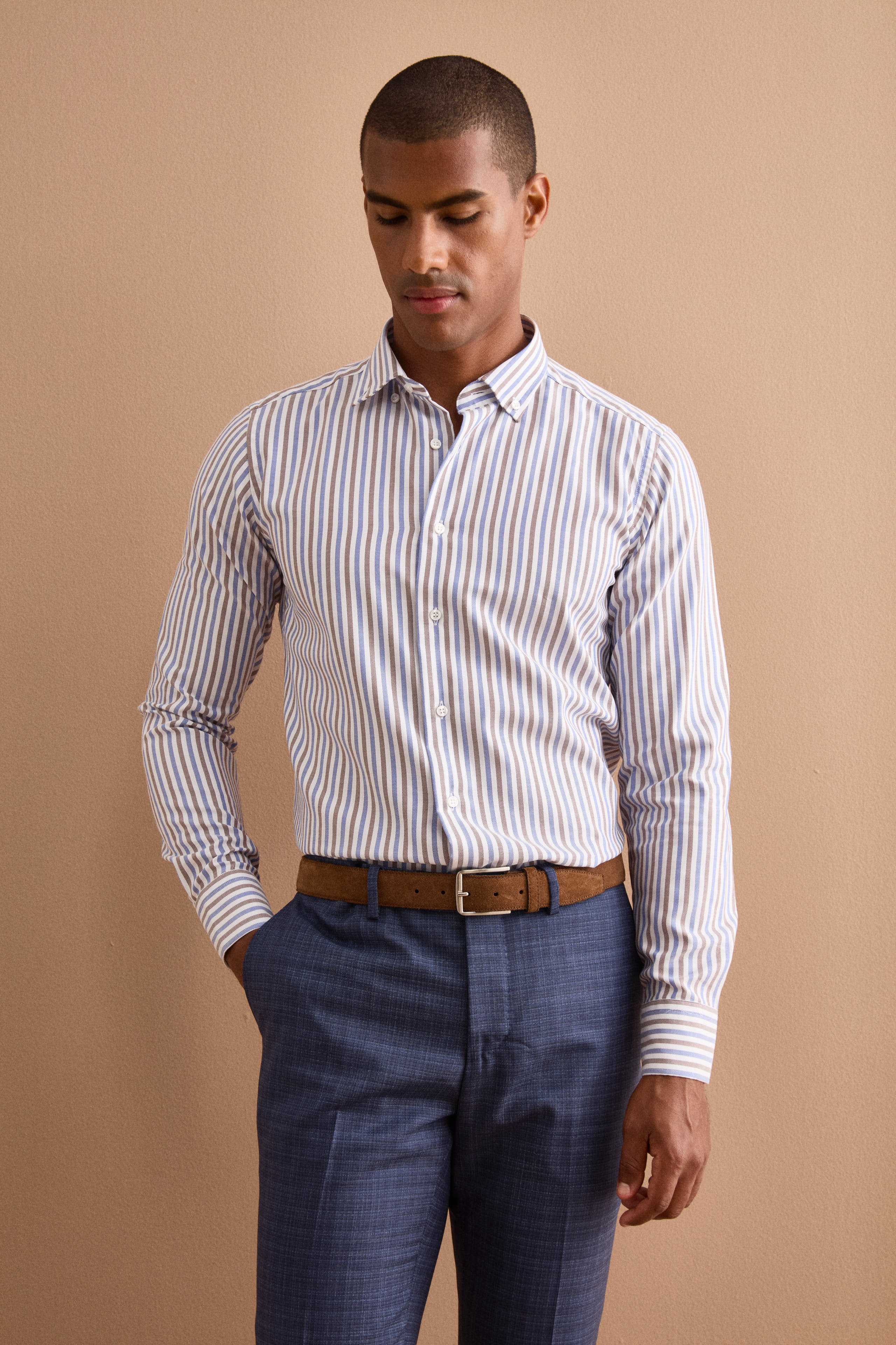 Camicia Regular Button Down a Righe - RIGATO BLU/MARRONE