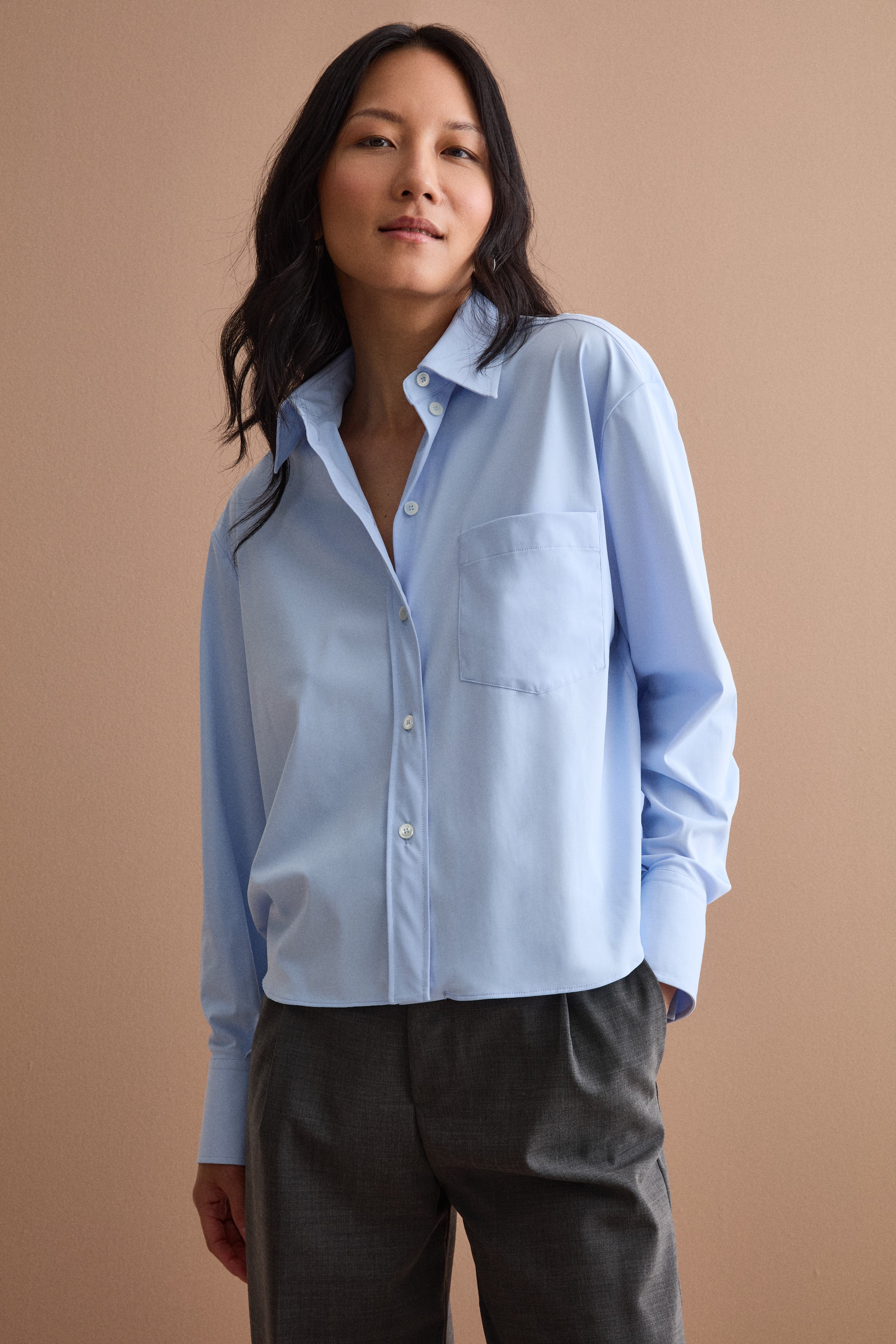 Camicia Over in Tessuto Tecnico con Taschino - AZZURRO