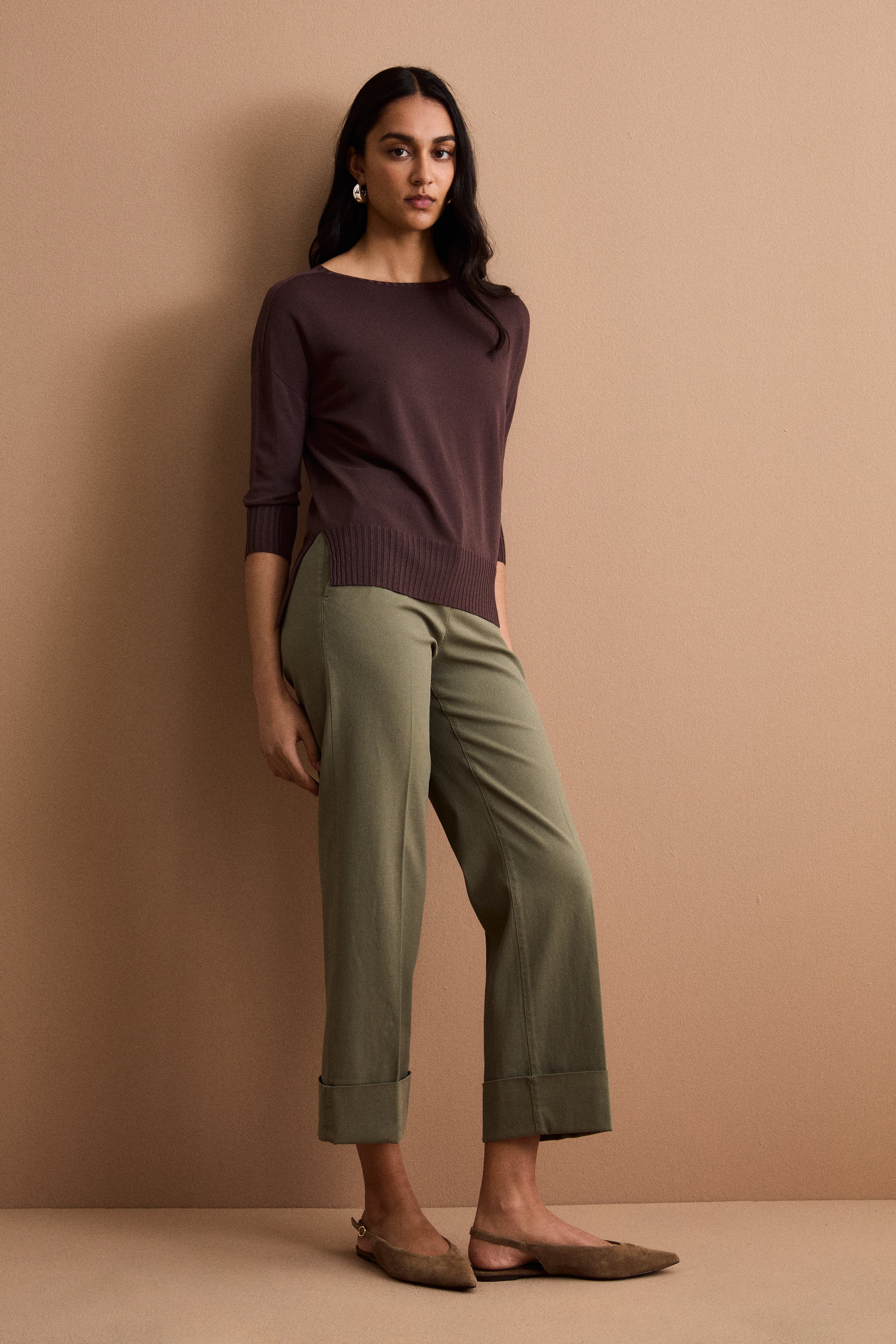 Pantalone Straight con Risvolto in Misto Cotone Piquet - KAKI