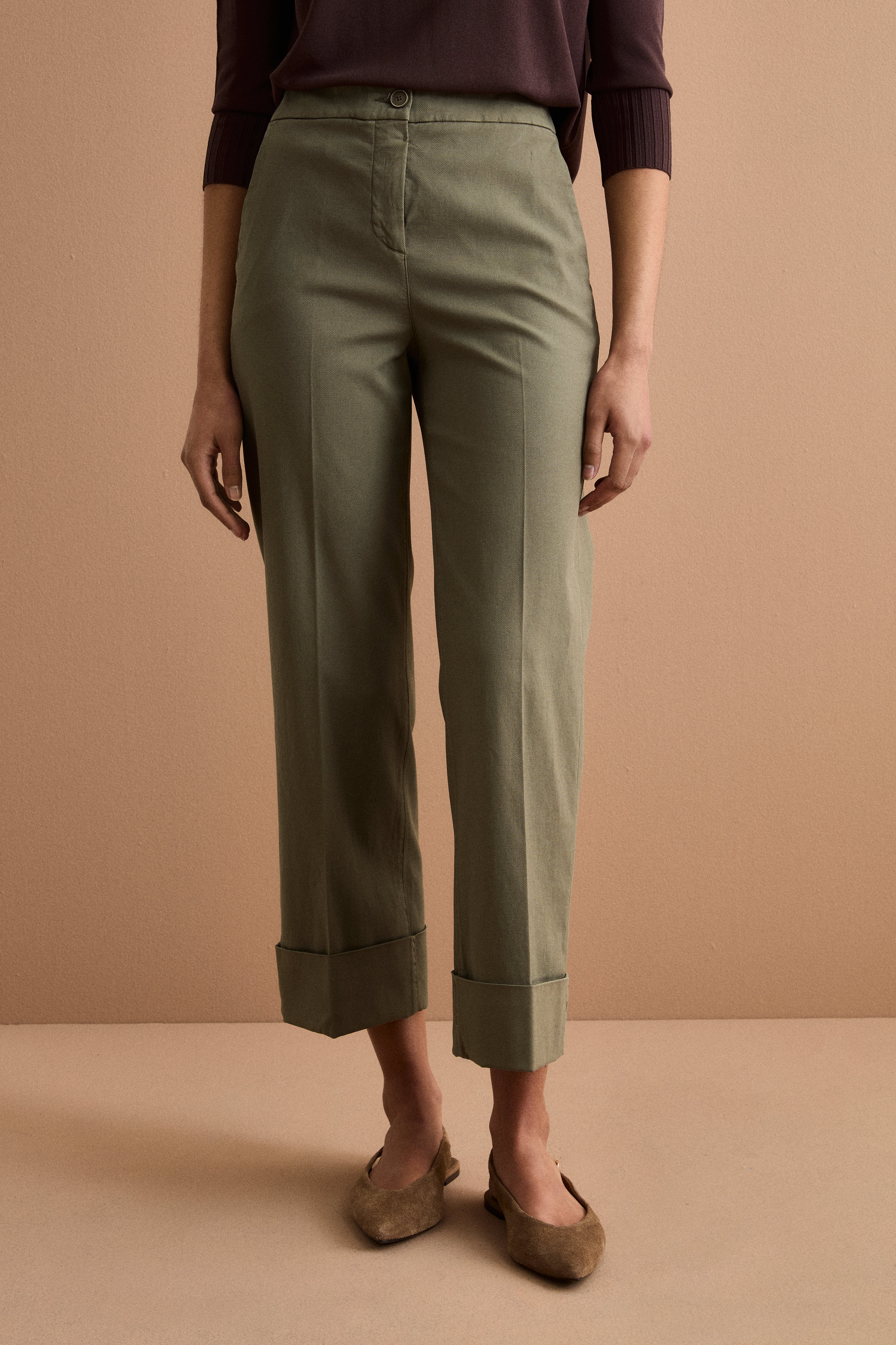 Pantalone Straight con Risvolto in Misto Cotone Piquet - KAKI