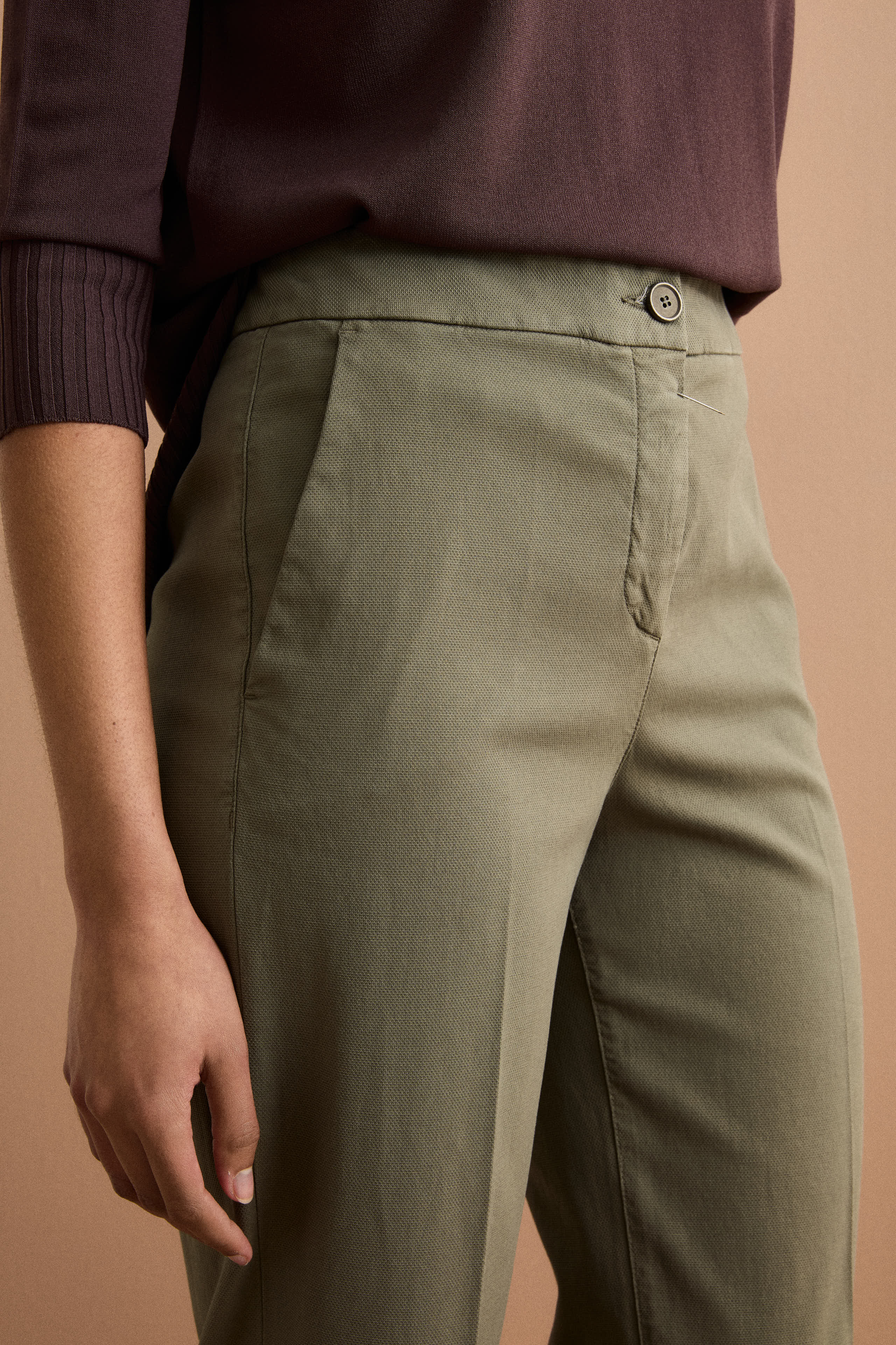 Pantalone Straight con Risvolto in Misto Cotone Piquet - KAKI