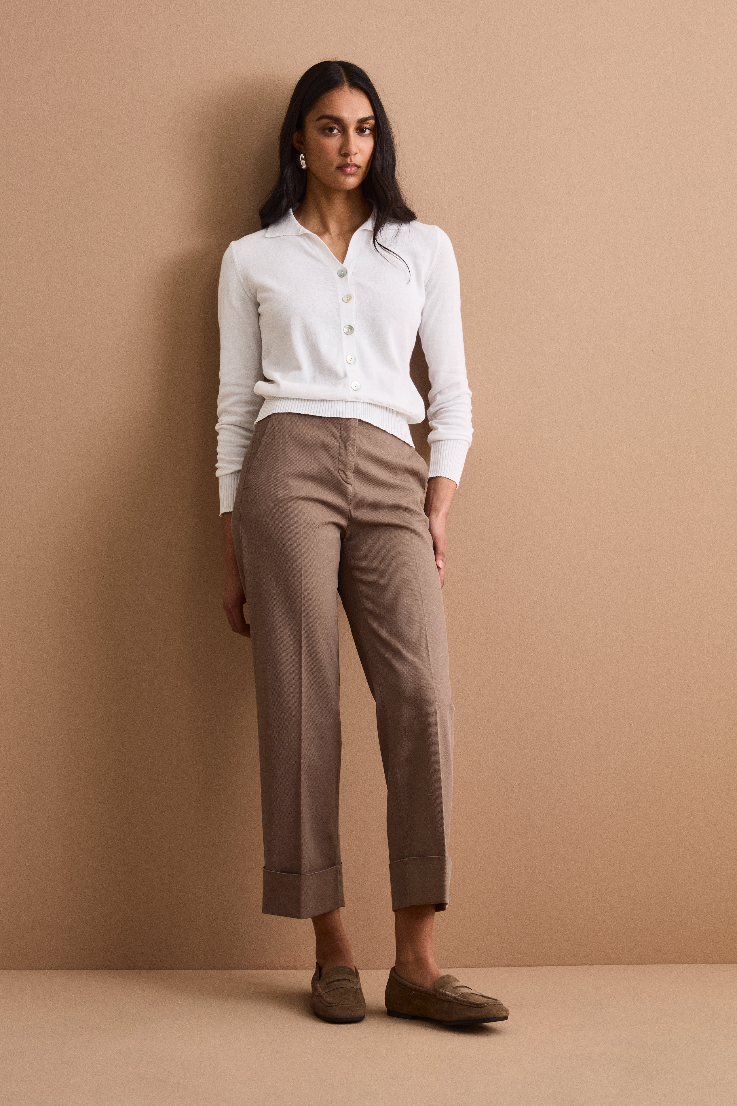 Pantalone Straight con Risvolto in Misto Cotone Piquet - CAFFE