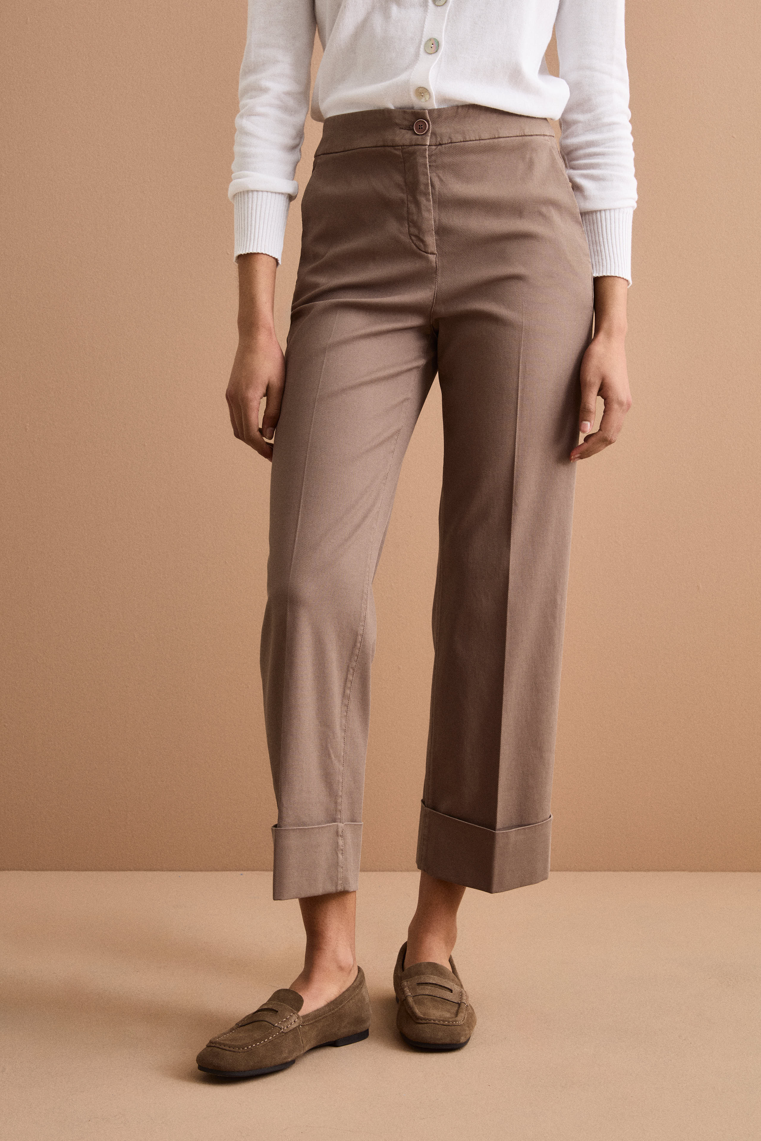 Pantalone Straight con Risvolto in Misto Cotone Piquet - CAFFE