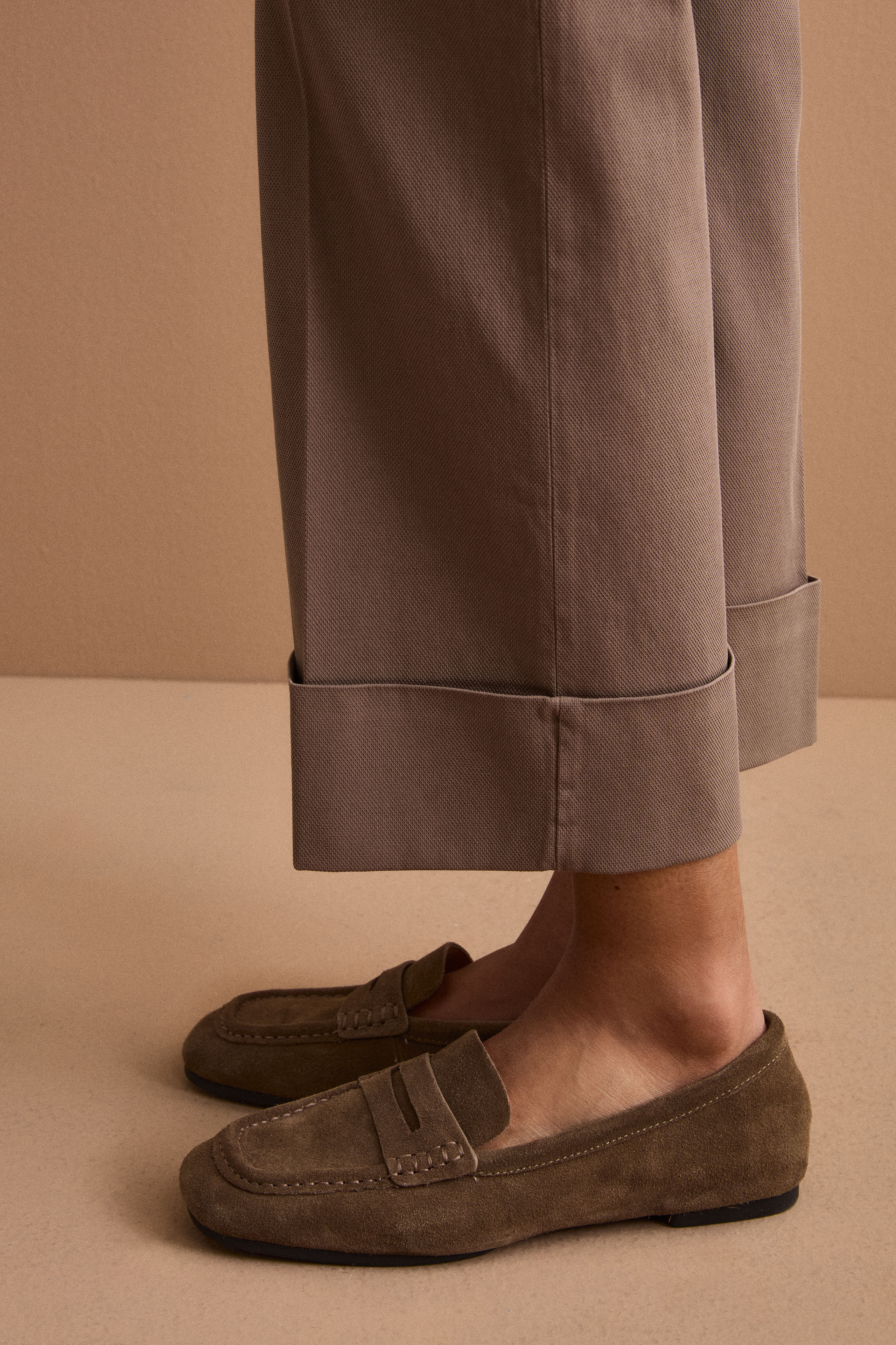 Pantalone Straight con Risvolto in Misto Cotone Piquet - CAFFE