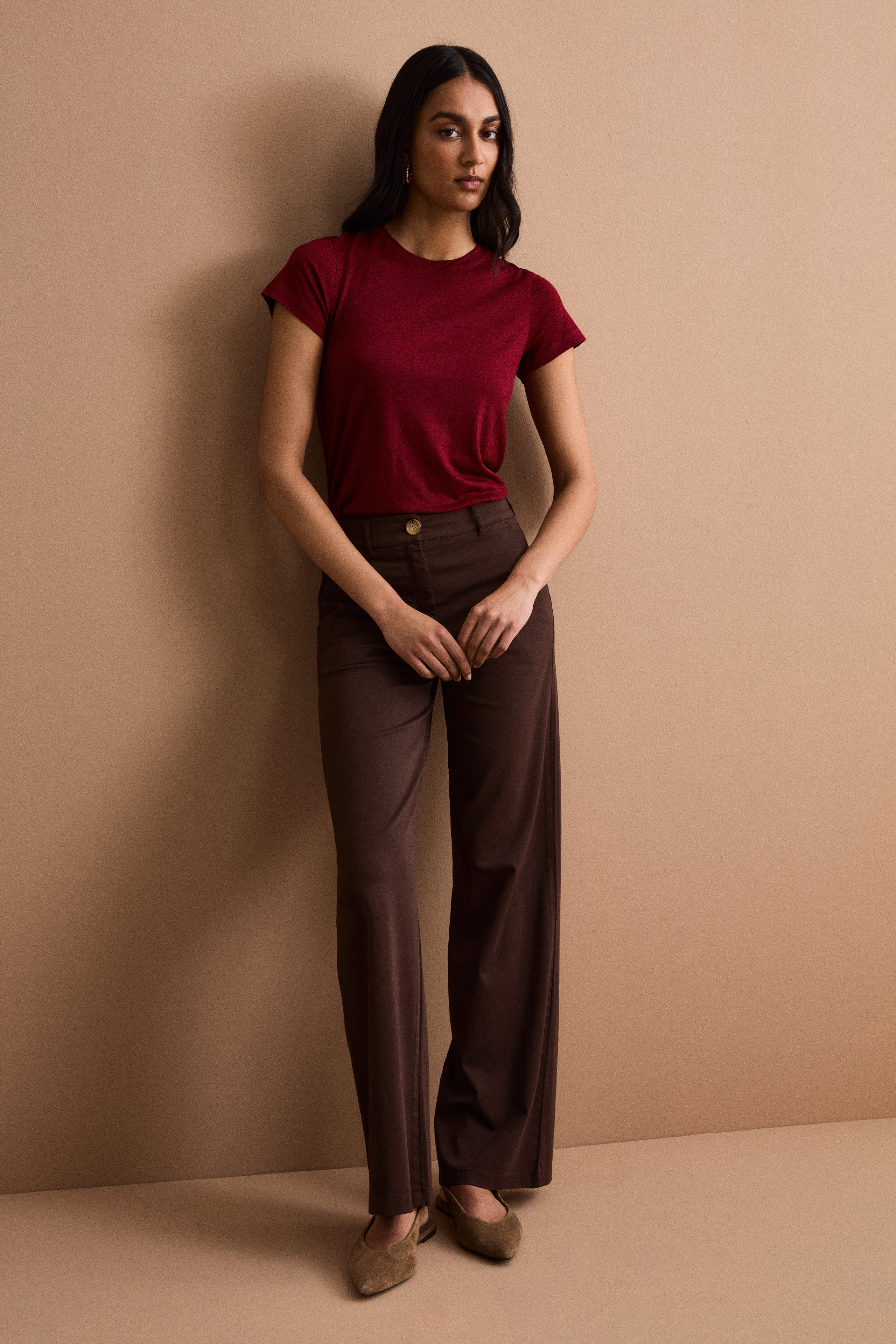 Pantalone Twill Gamba Larga in Misto Cotone - MARRONE