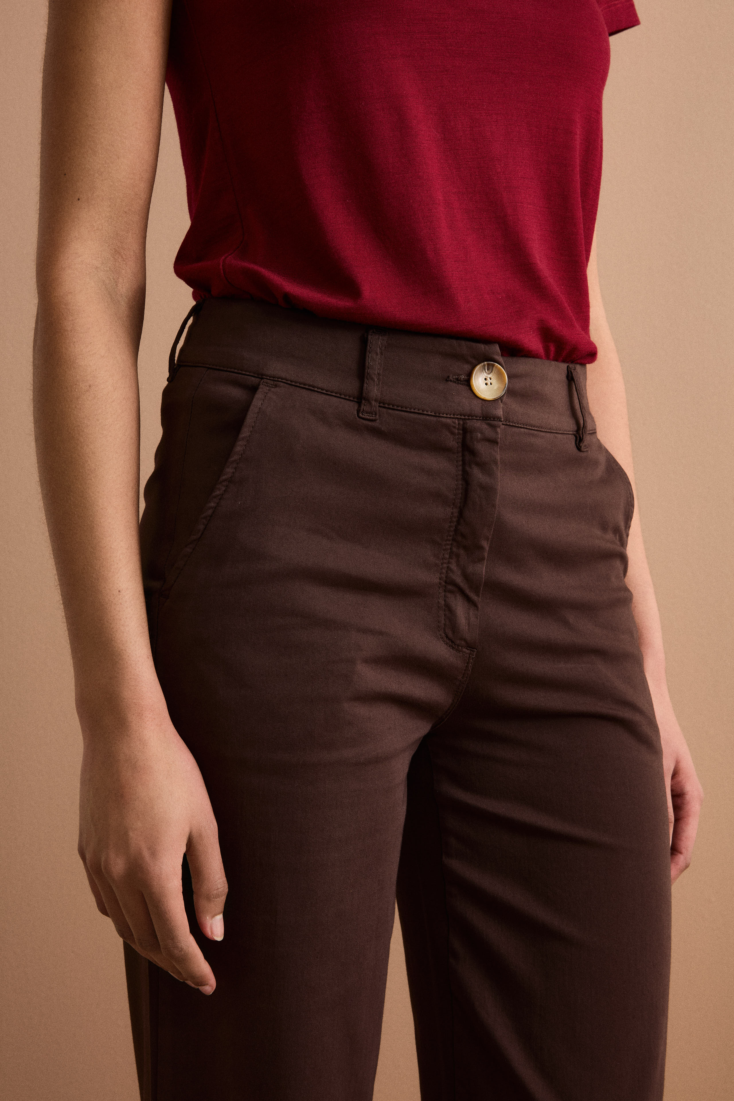 Pantalone Twill Gamba Larga in Misto Cotone - MARRONE