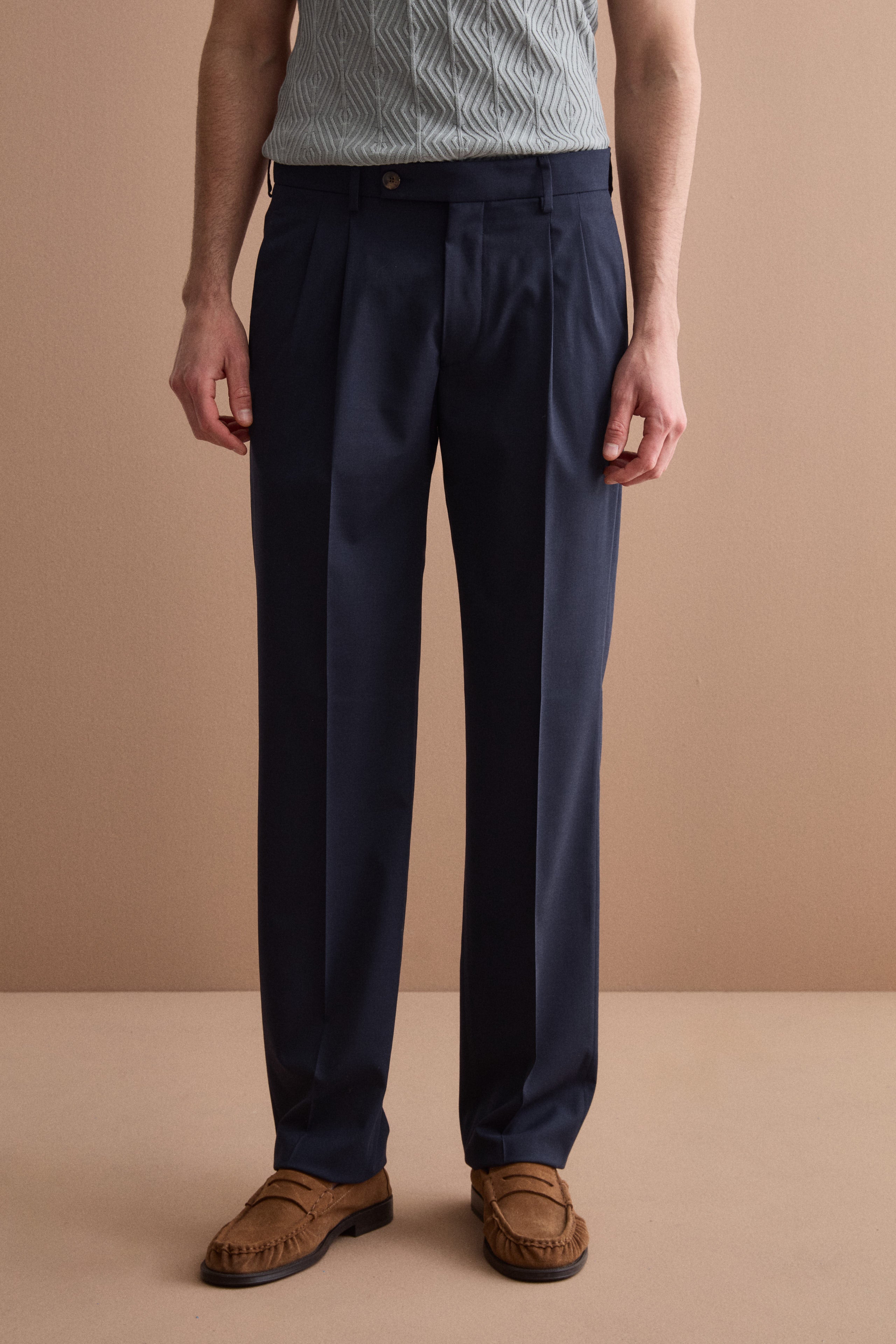 Pantalone Gamba Dritta con Pinces in Misto Lana - BLU