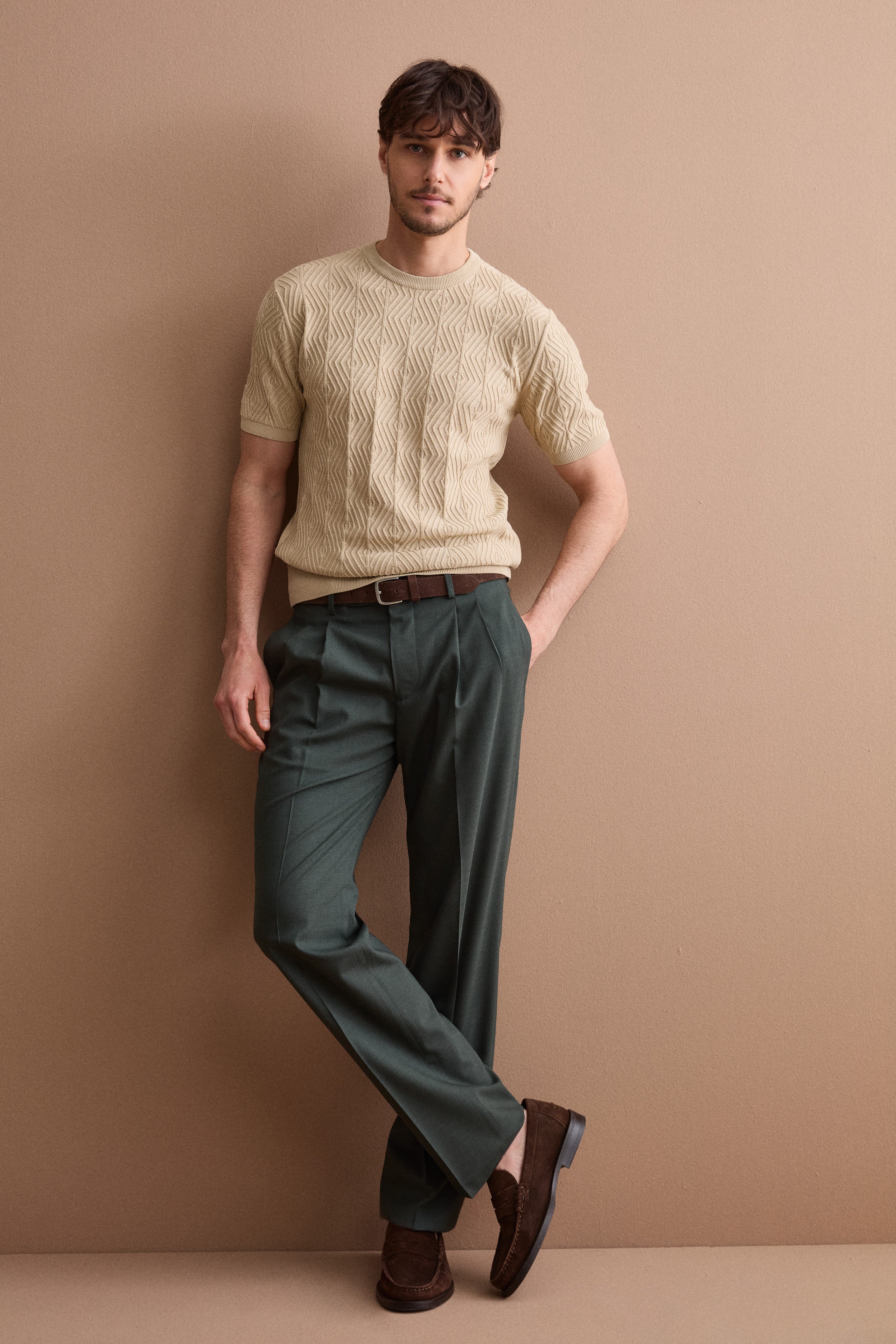 Pantalone Gamba Dritta con Pinces in Misto Lana - VERDE
