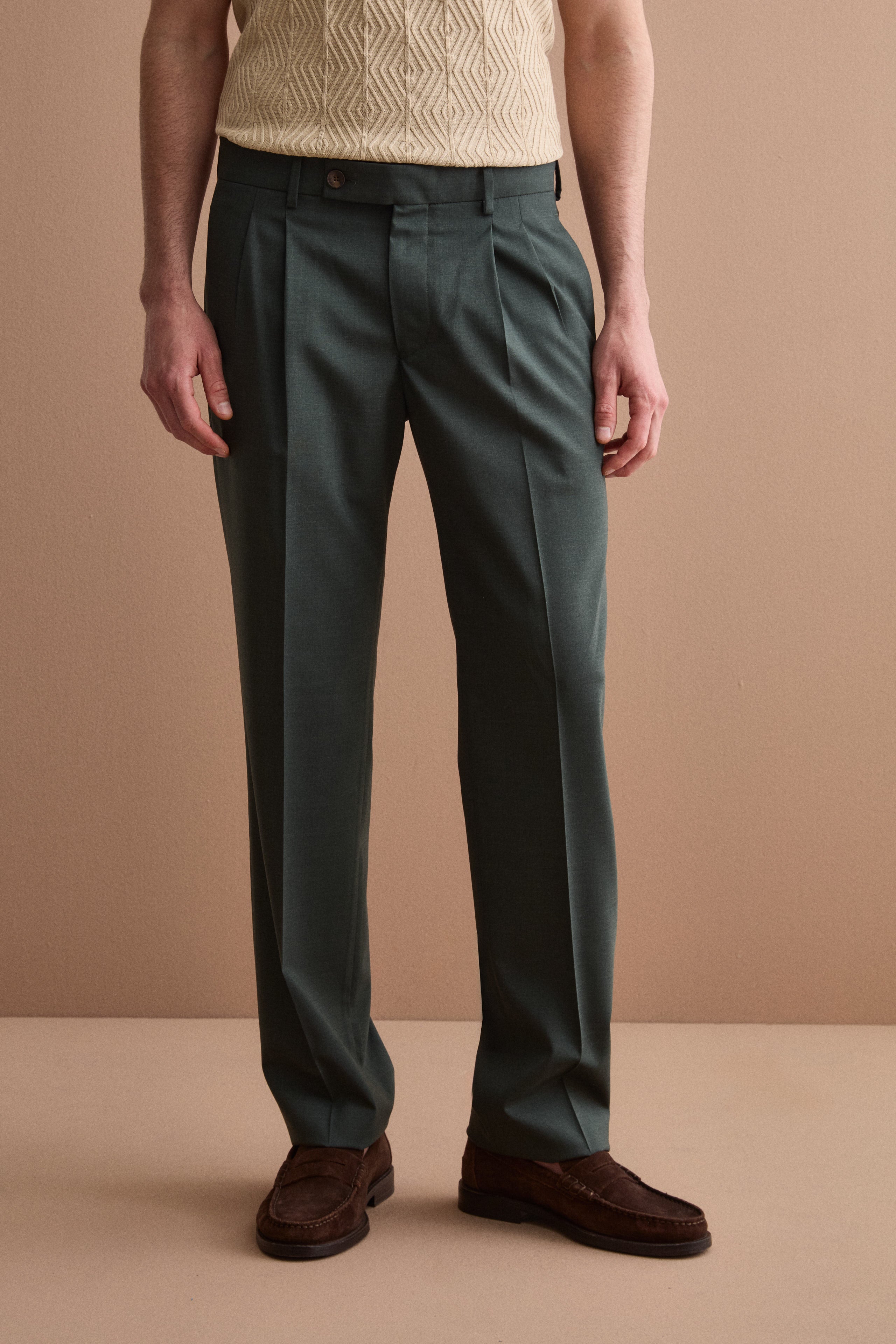 Pantalone Gamba Dritta con Pinces in Misto Lana - VERDE