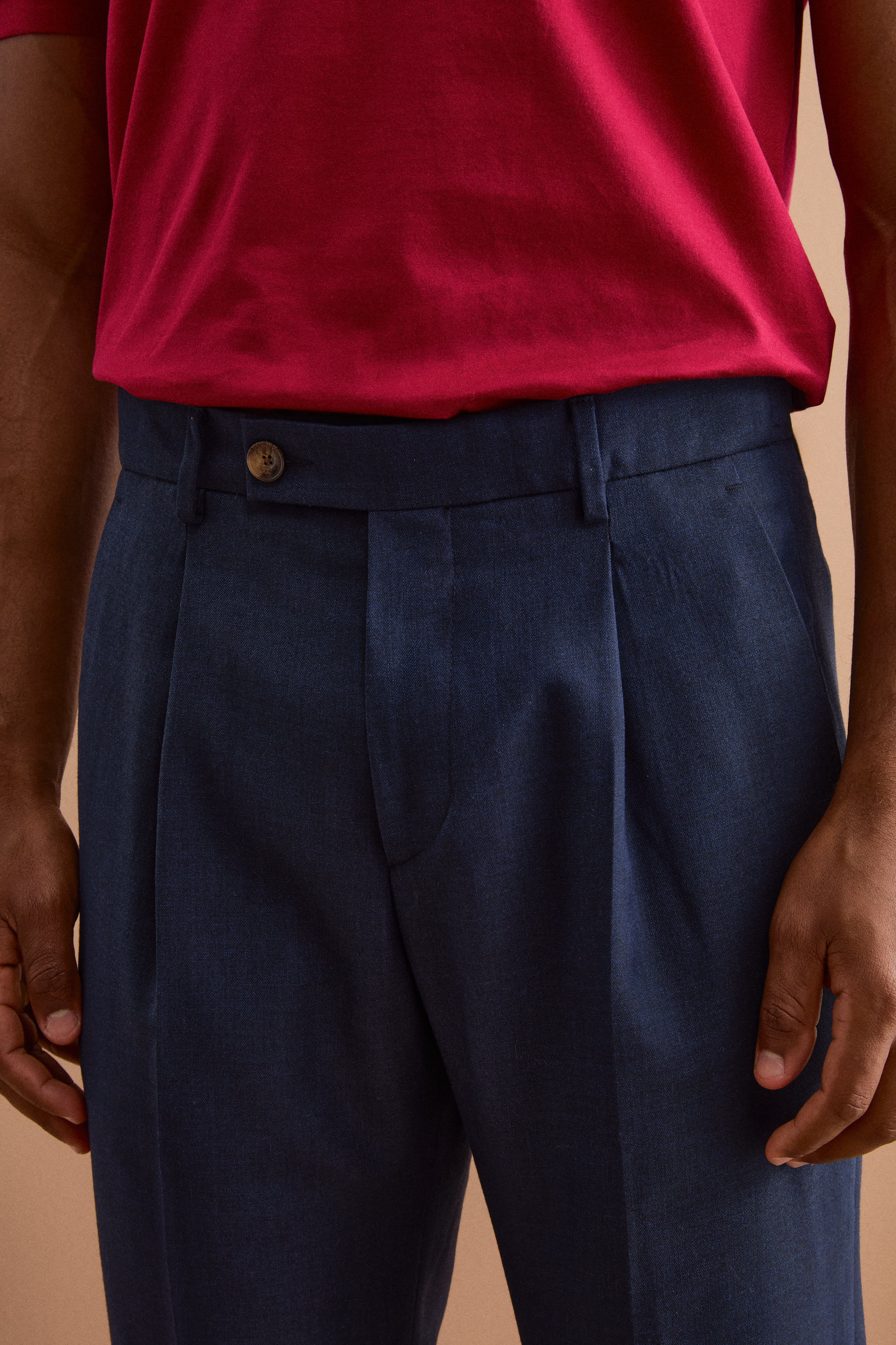 Pantalone Slim Fit in misto lana con Pinces e Risvolto - BLU