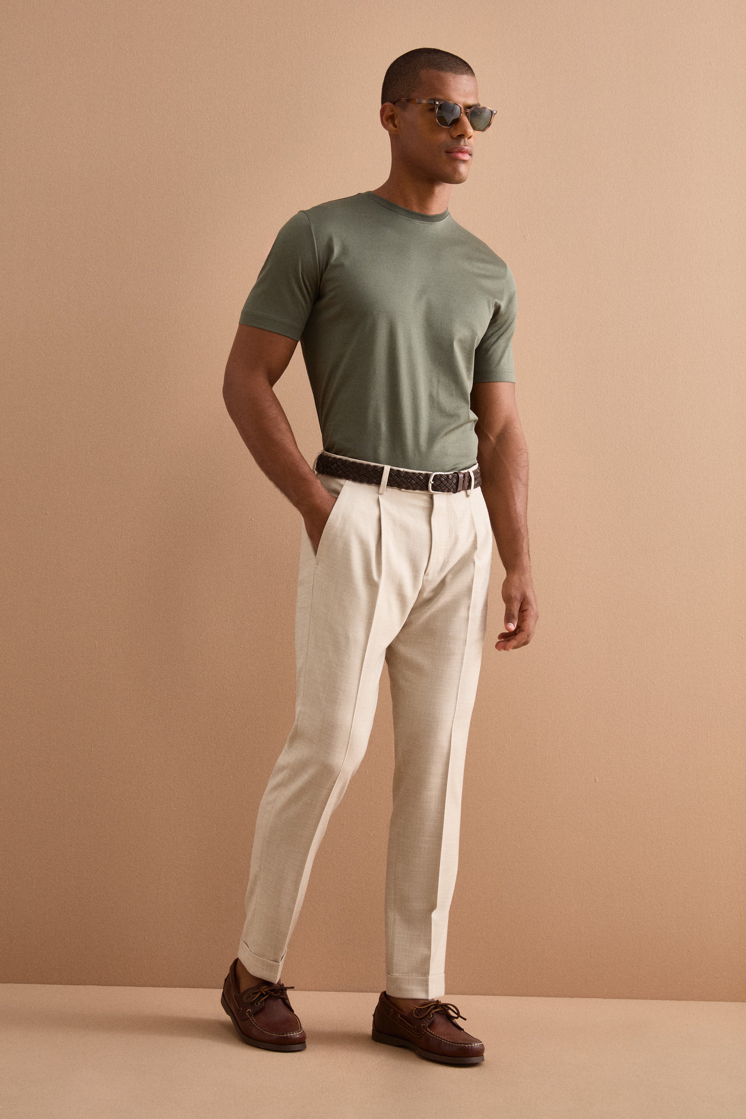 Pantalone Slim Fit in misto lana con Pinces e Risvolto - BEIGE