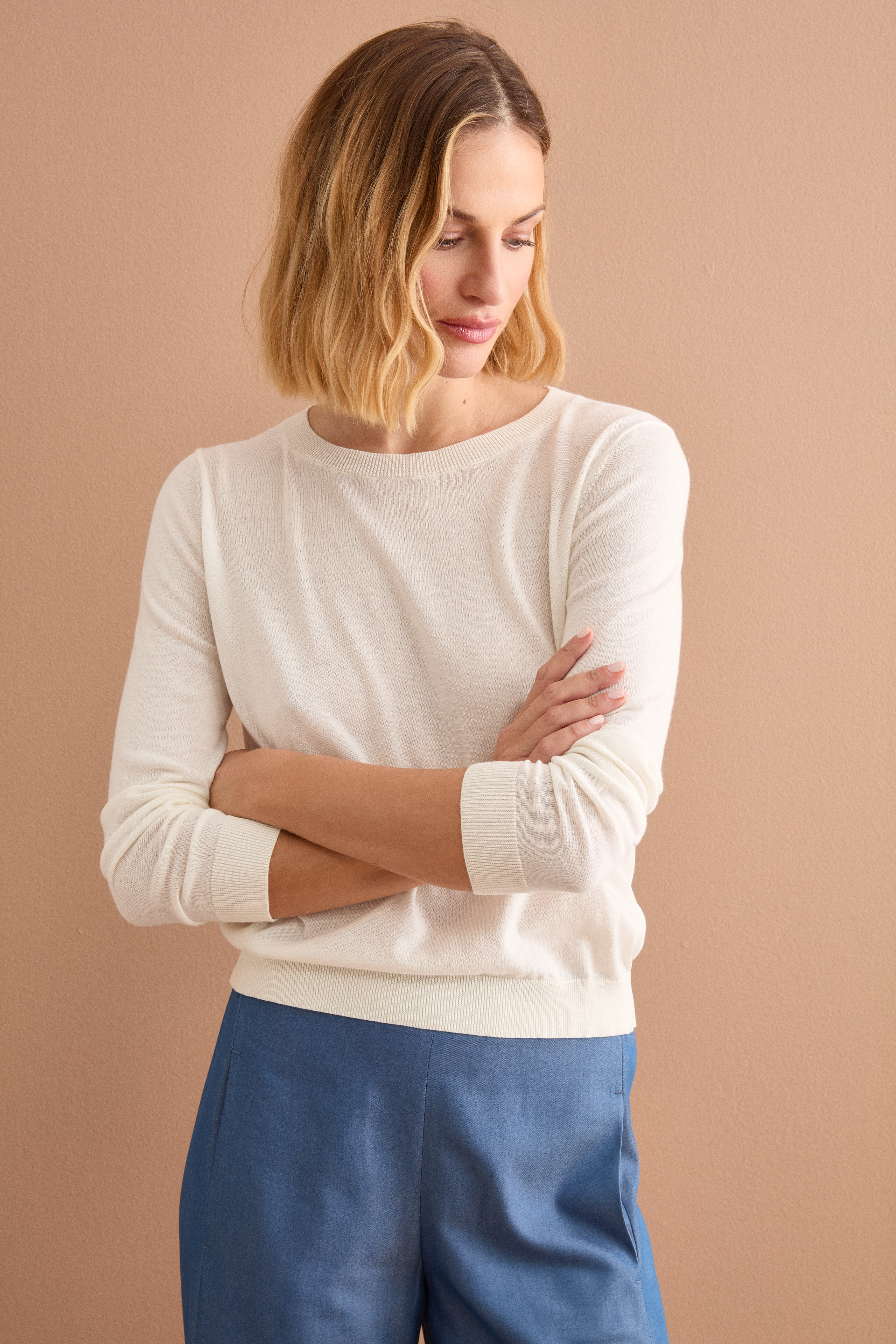 Maglia Girocollo Boxy in Cotone - PANNA