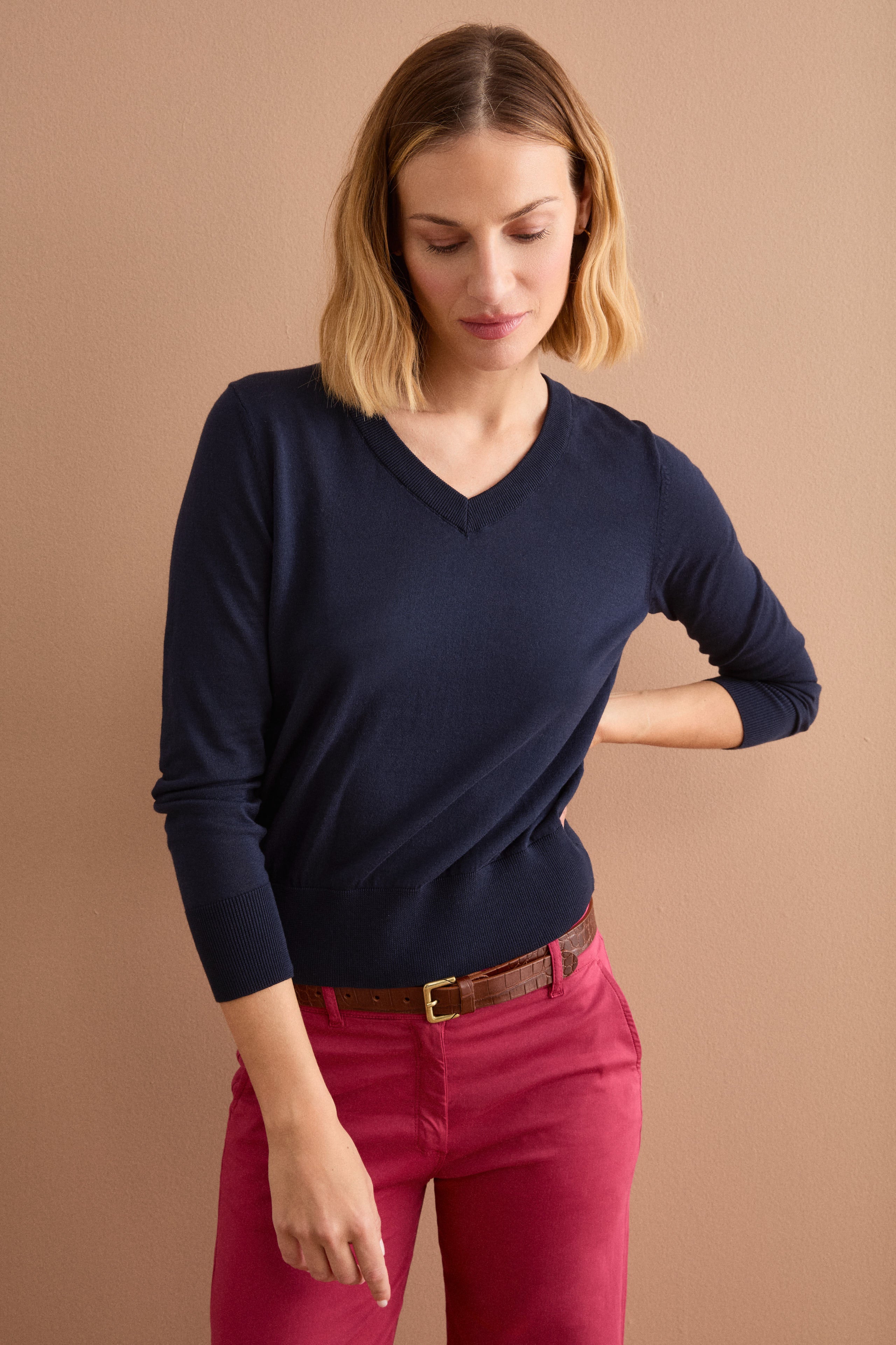 Maglia Boxy in Cotone con Scollo a V - BLU