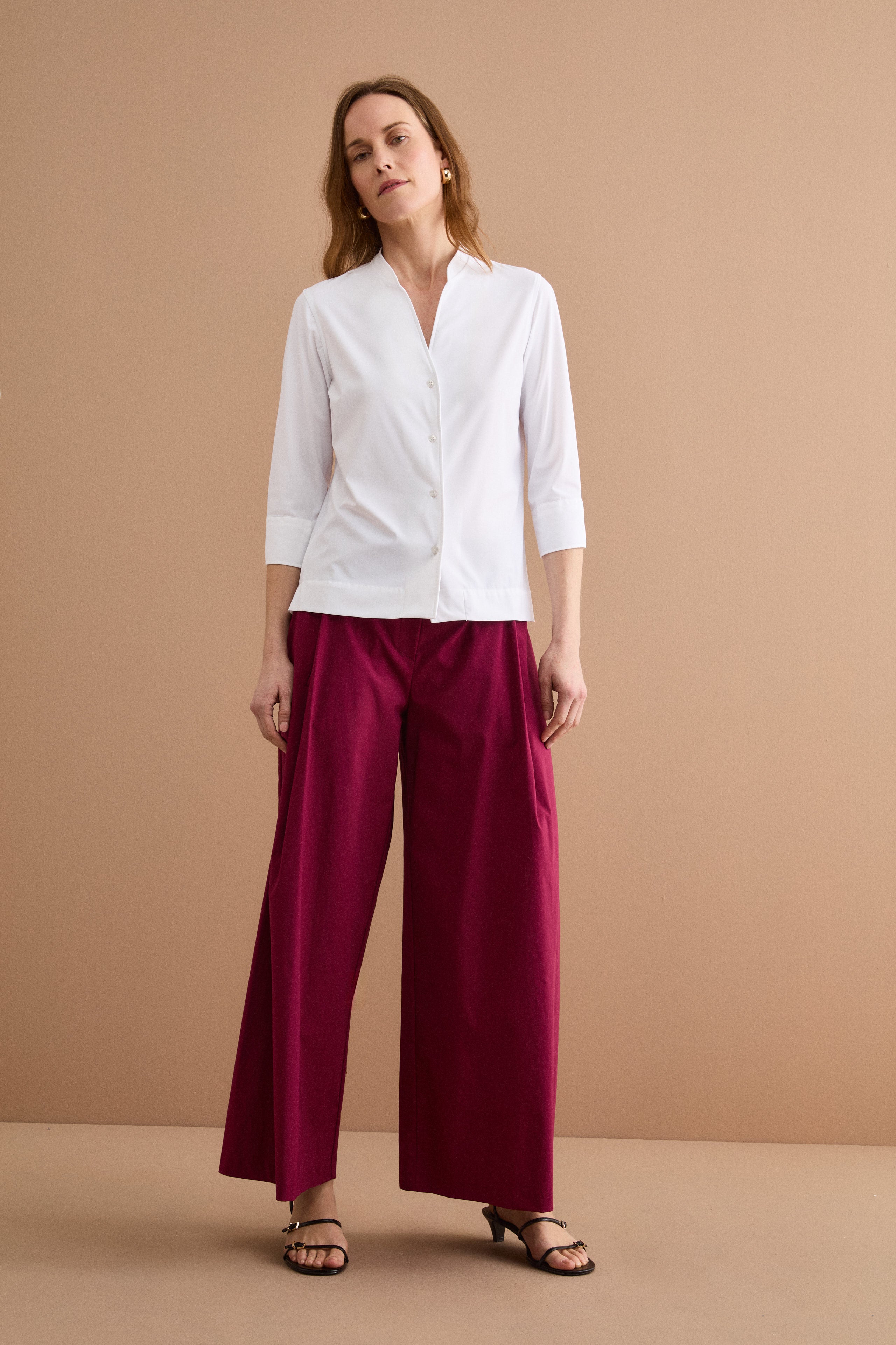 Pantalone a Gamba Larga con Pinces in Bengalina - BORDEAUX