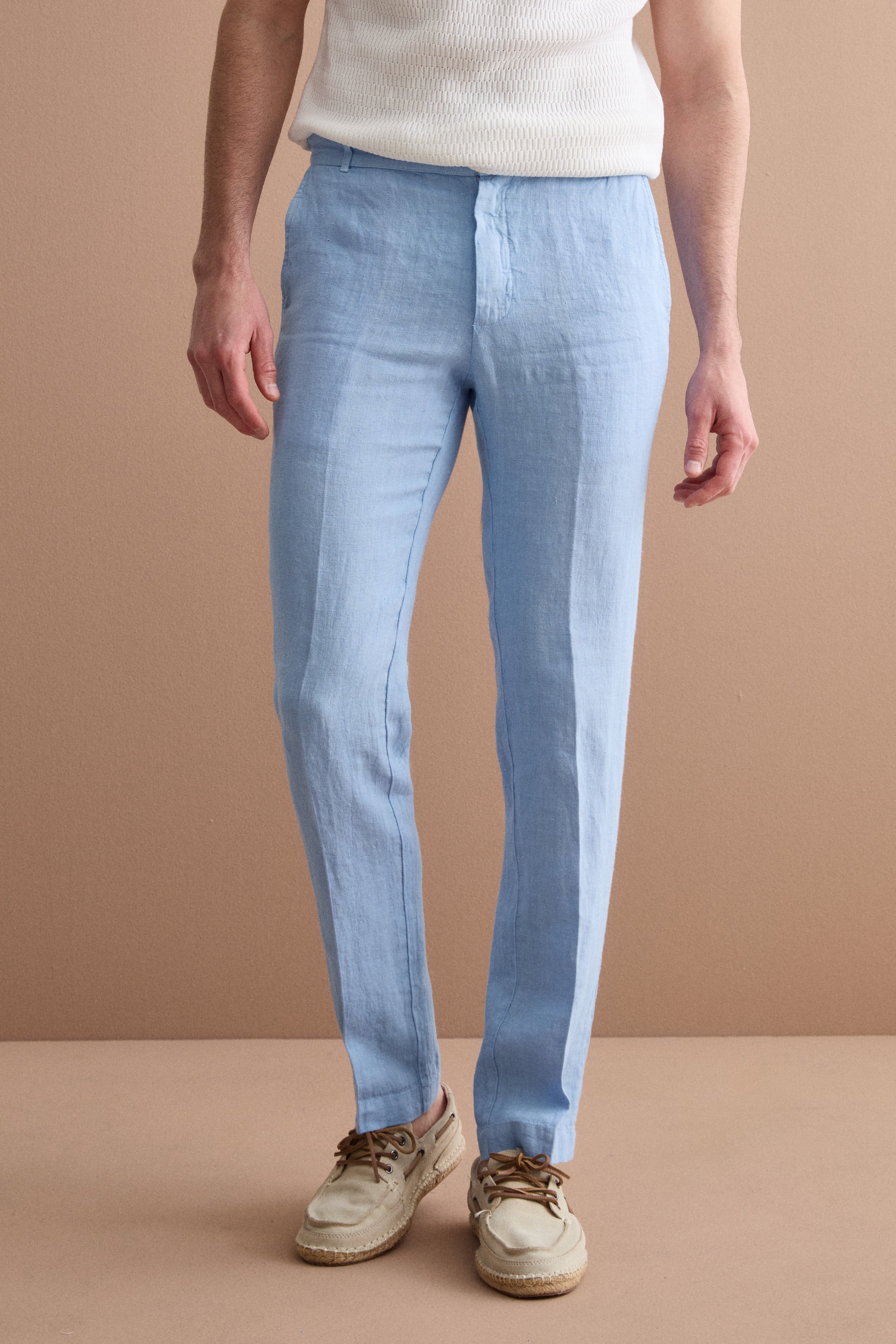 Pantalone in Lino a Sigaretta Regular Fit - AZZURRO