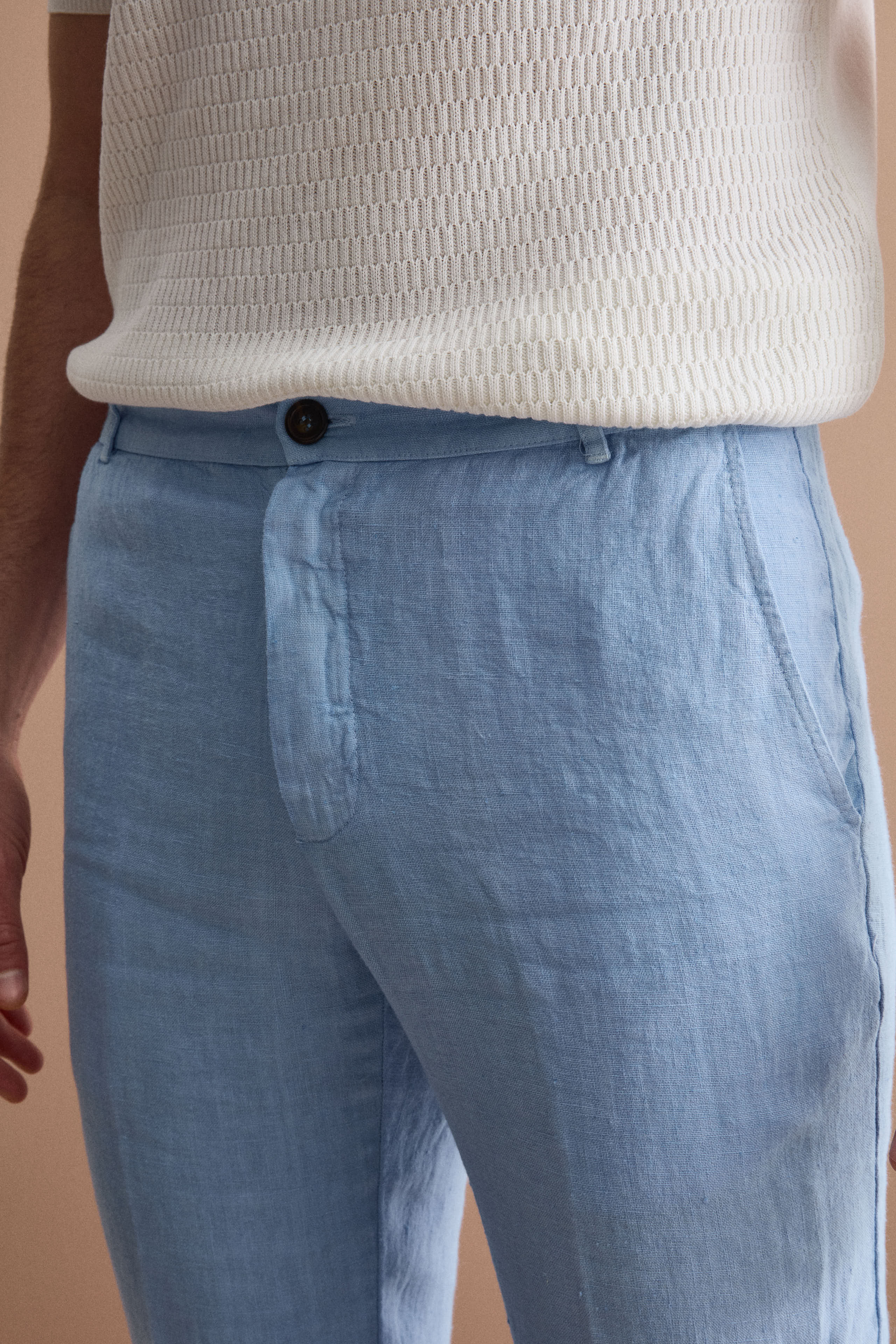 Pantalone in Lino a Sigaretta Regular Fit - AZZURRO