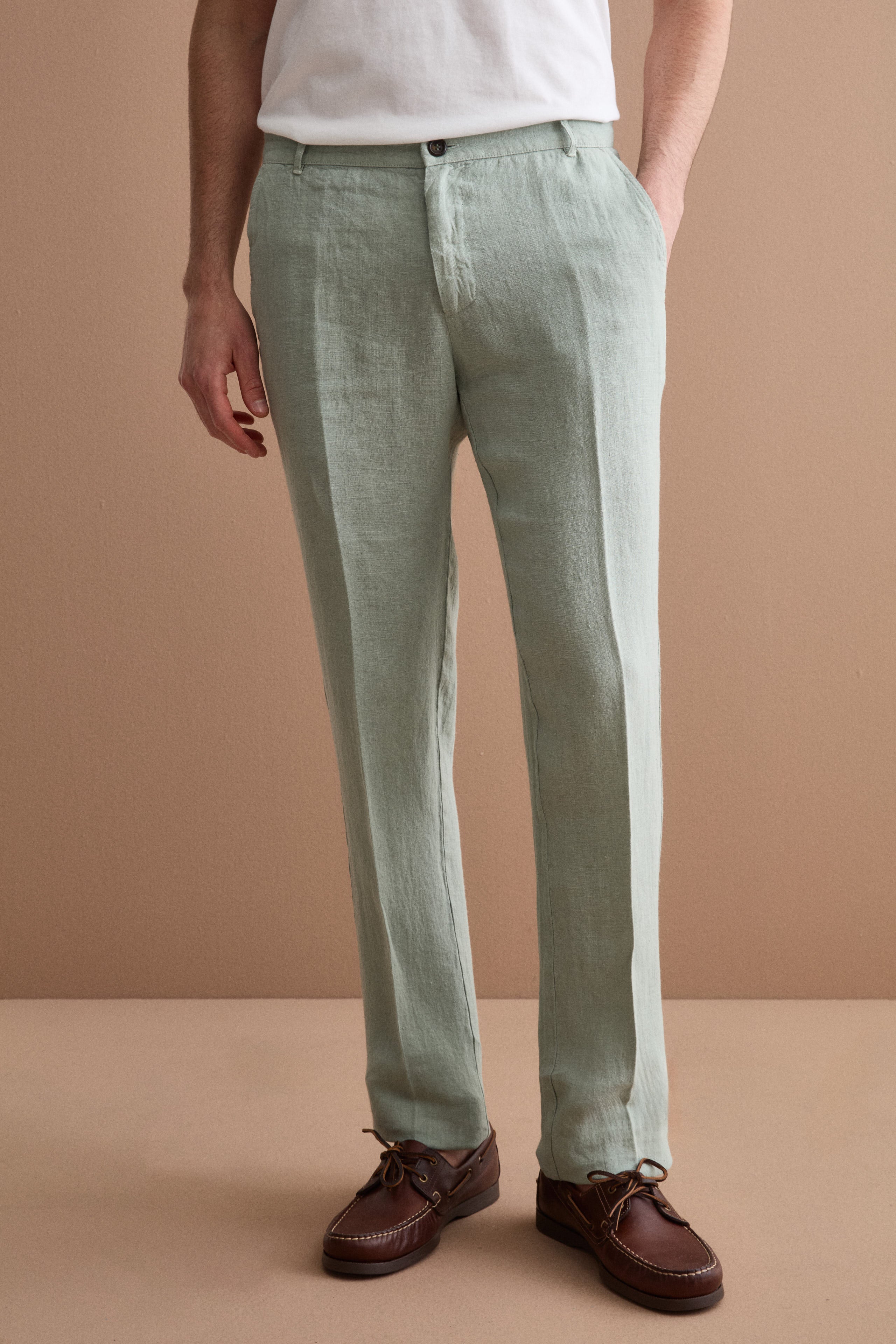 Pantalone in Lino a Sigaretta Regular Fit - VERDE