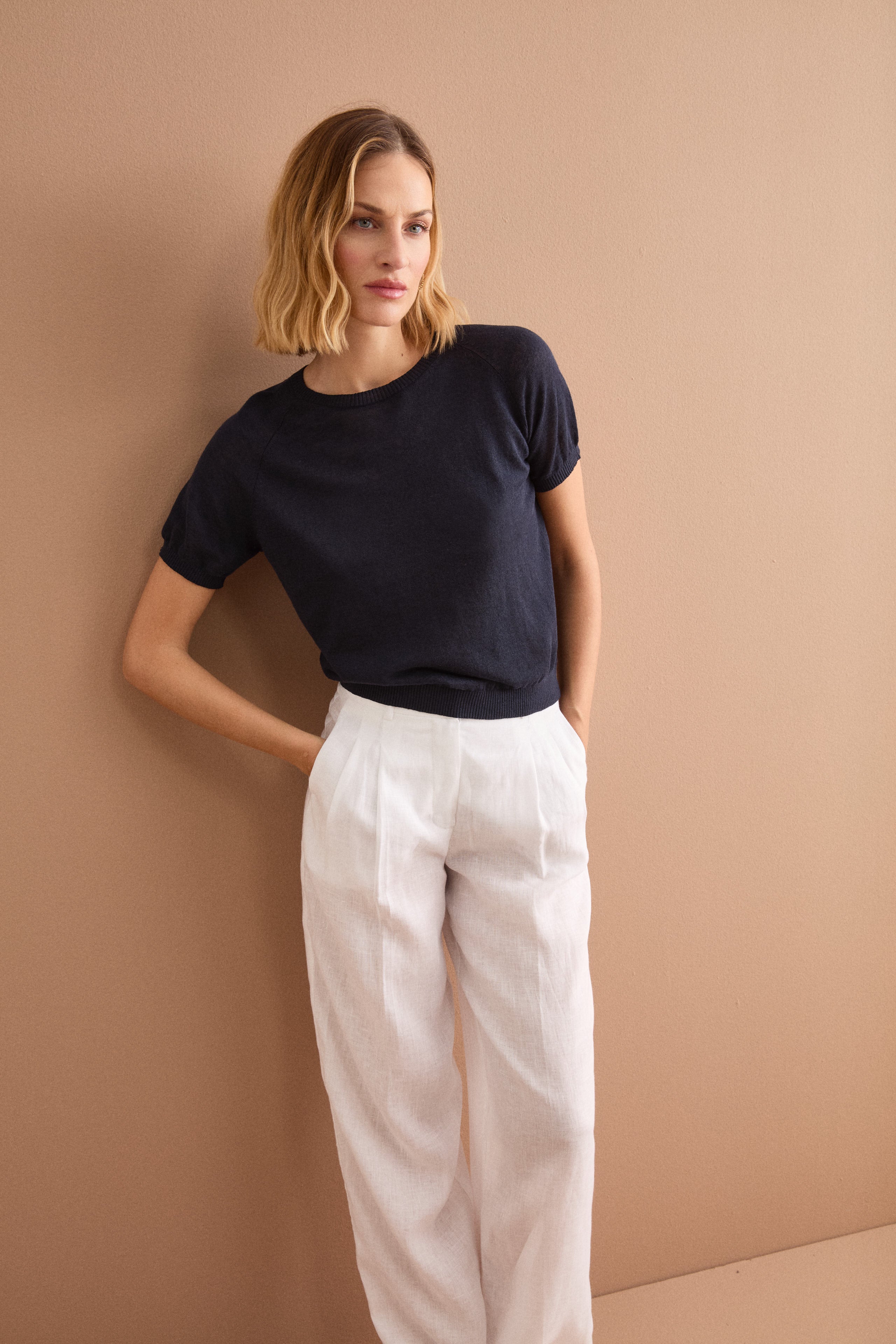 Maglia Cropped Boxy in Misto Lino - BLU