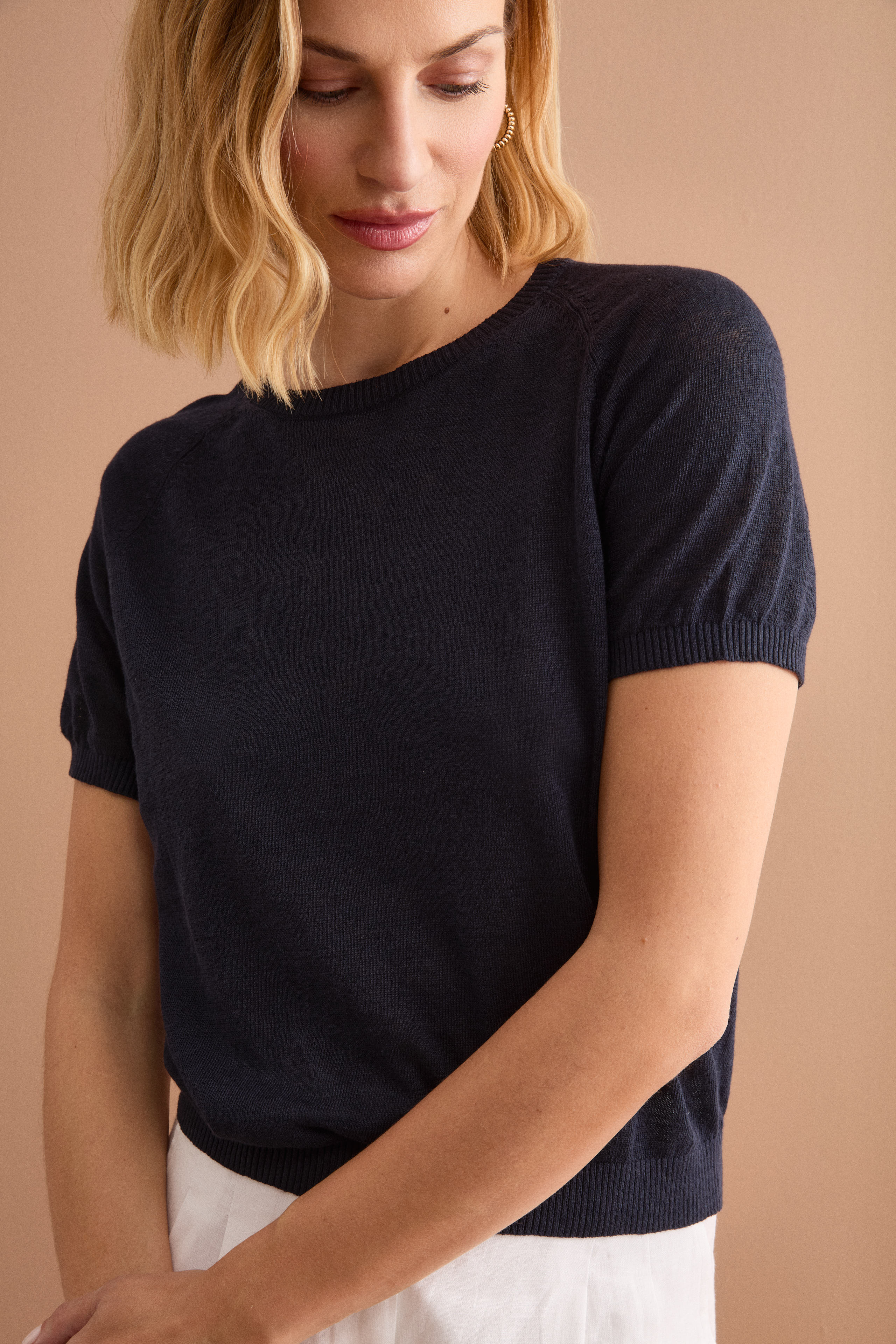 Maglia Cropped Boxy in Misto Lino - BLU