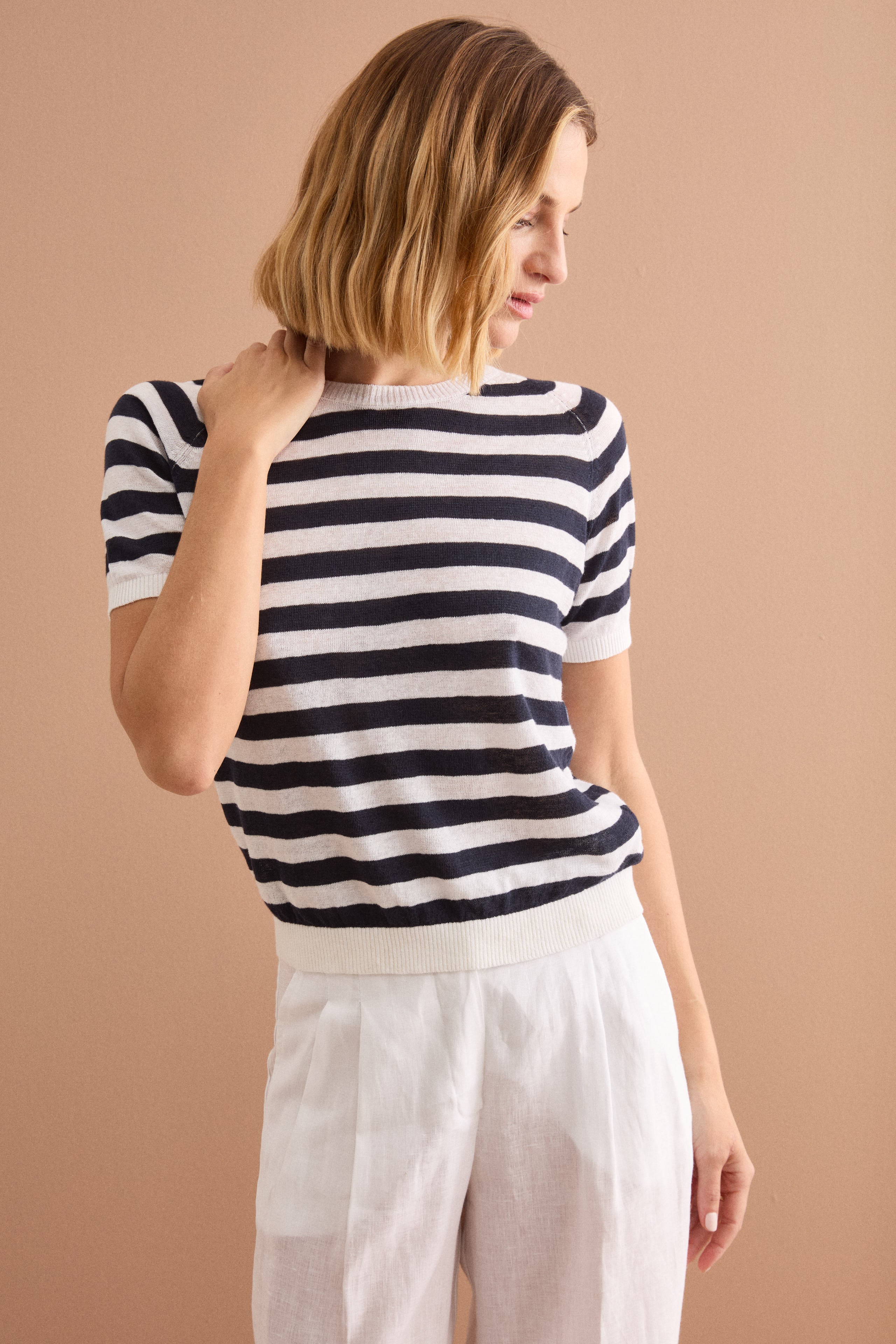 T-Shirt Cropped a Righe in Lino e Cotone - BIANCO/BLU