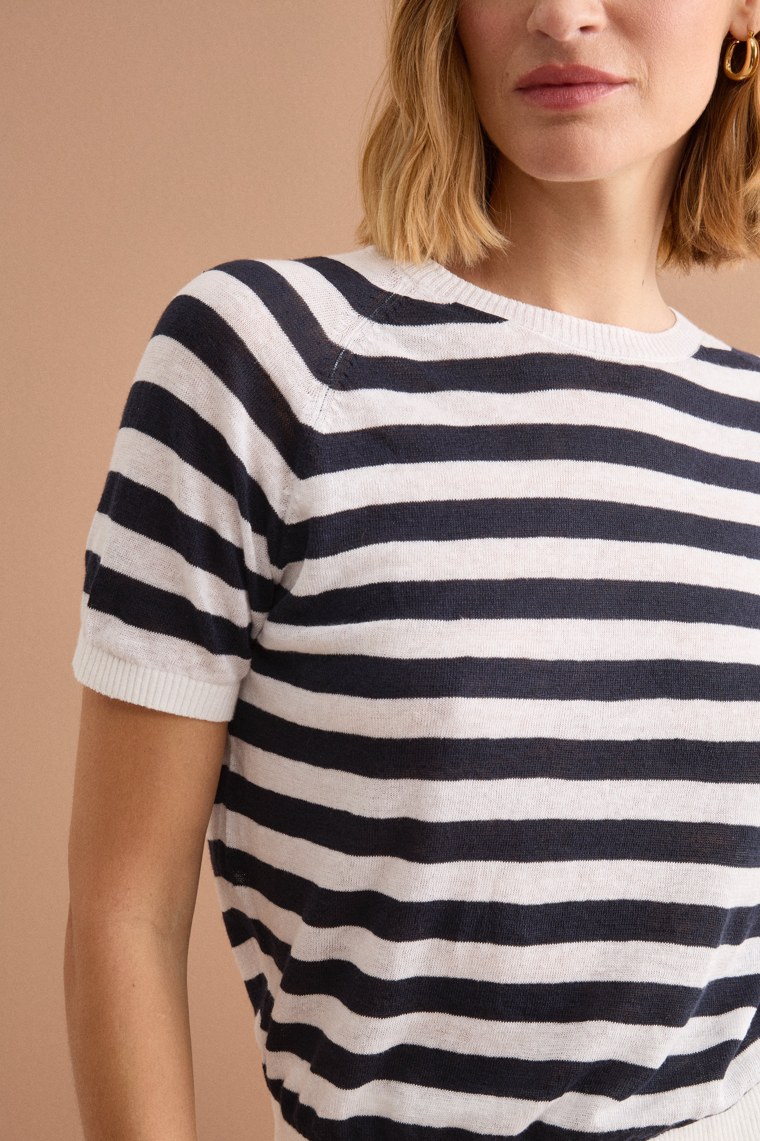 T-Shirt Cropped a Righe in Lino e Cotone - BIANCO/BLU