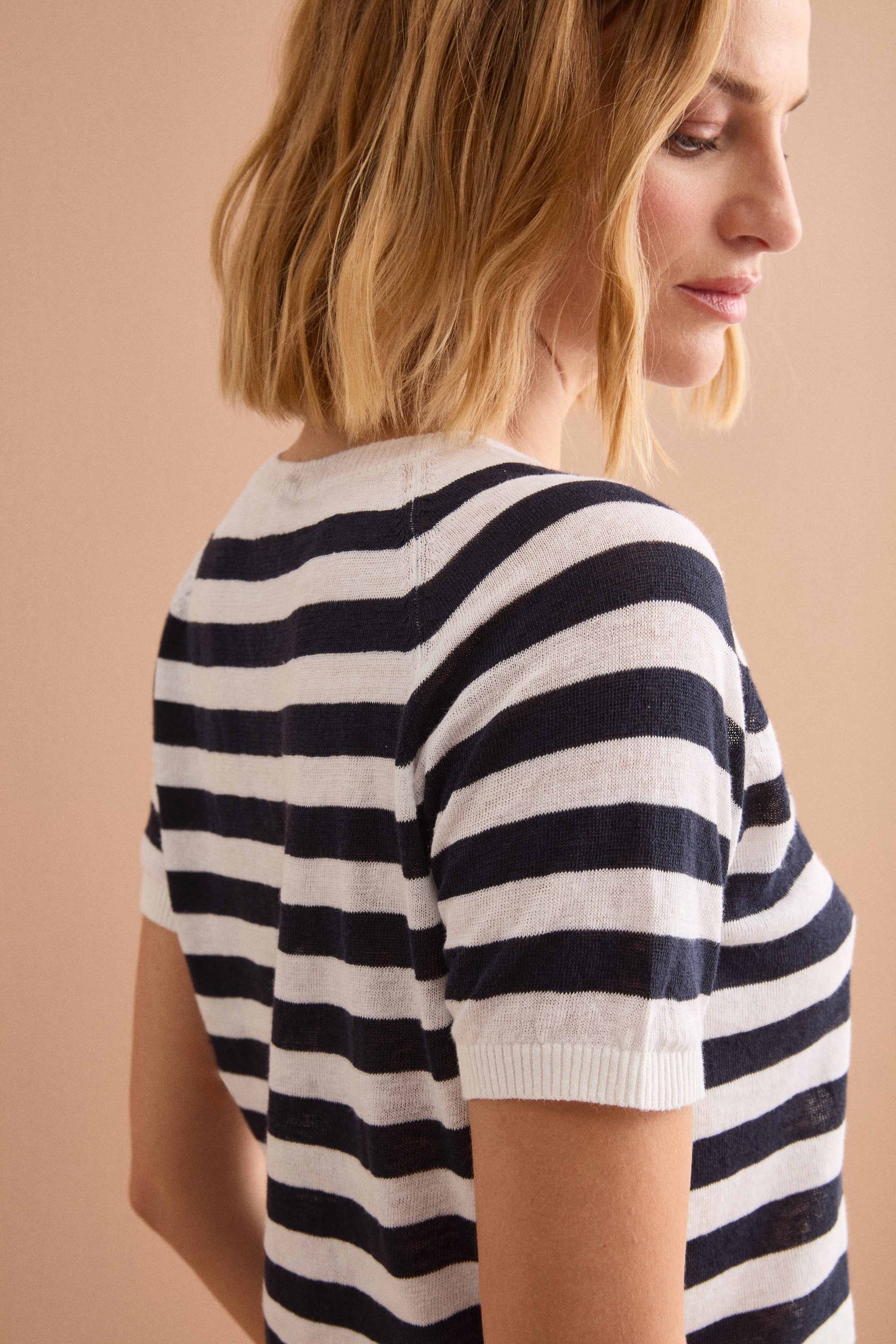 T-Shirt Cropped a Righe in Lino e Cotone - BIANCO/BLU