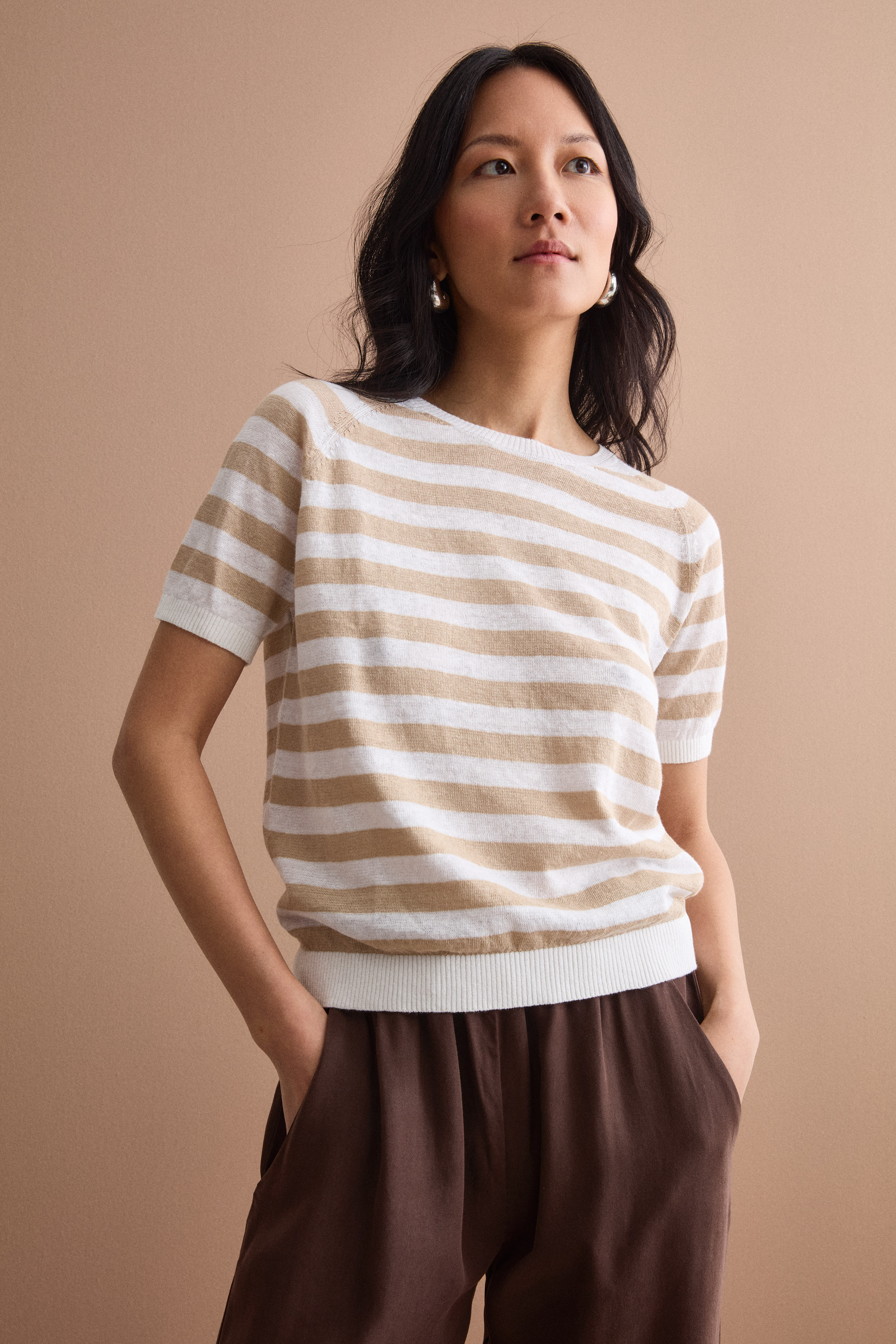 T-Shirt Cropped a Righe in Lino e Cotone - BIANCO/BEIGE