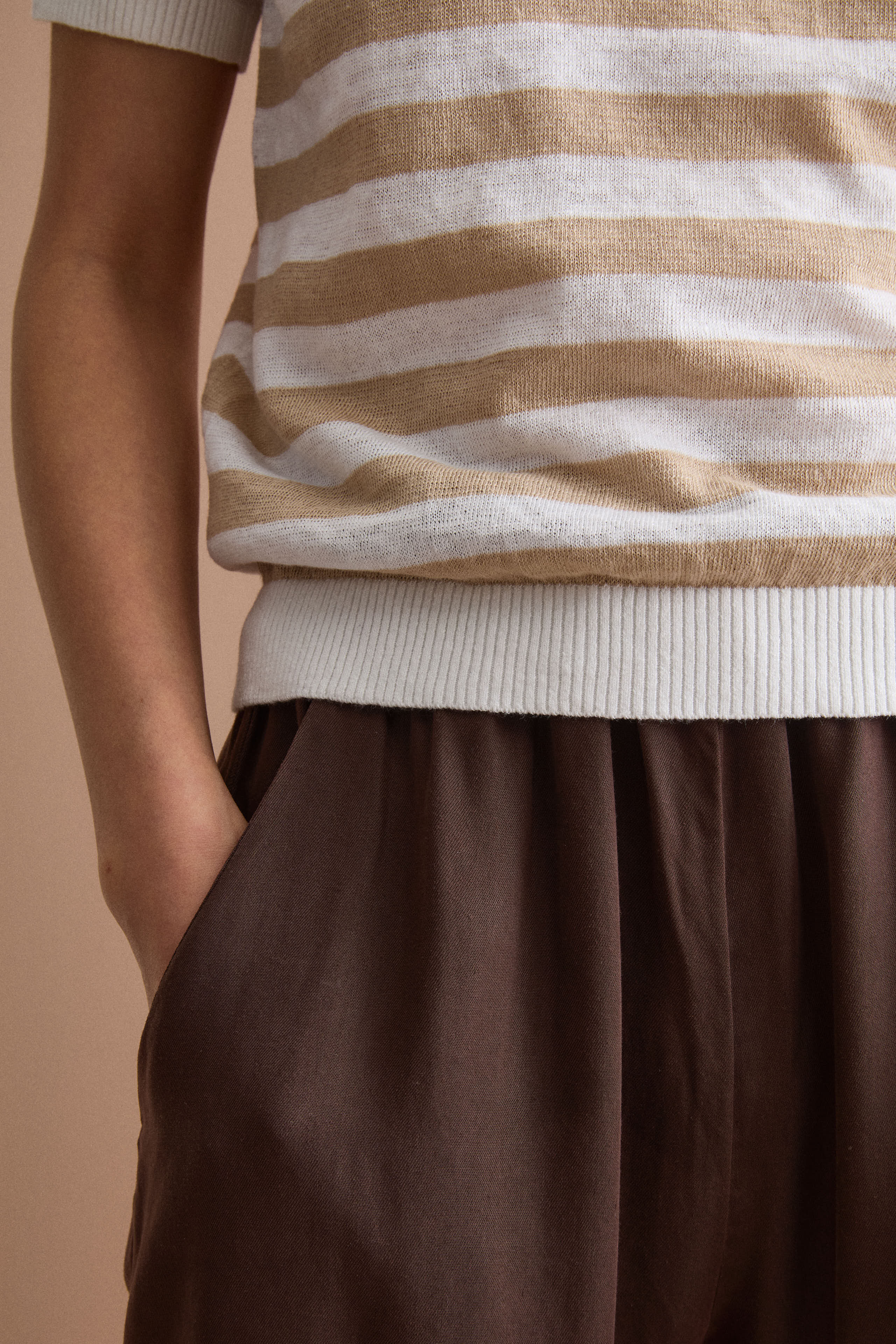T-Shirt Cropped a Righe in Lino e Cotone - BIANCO/BEIGE