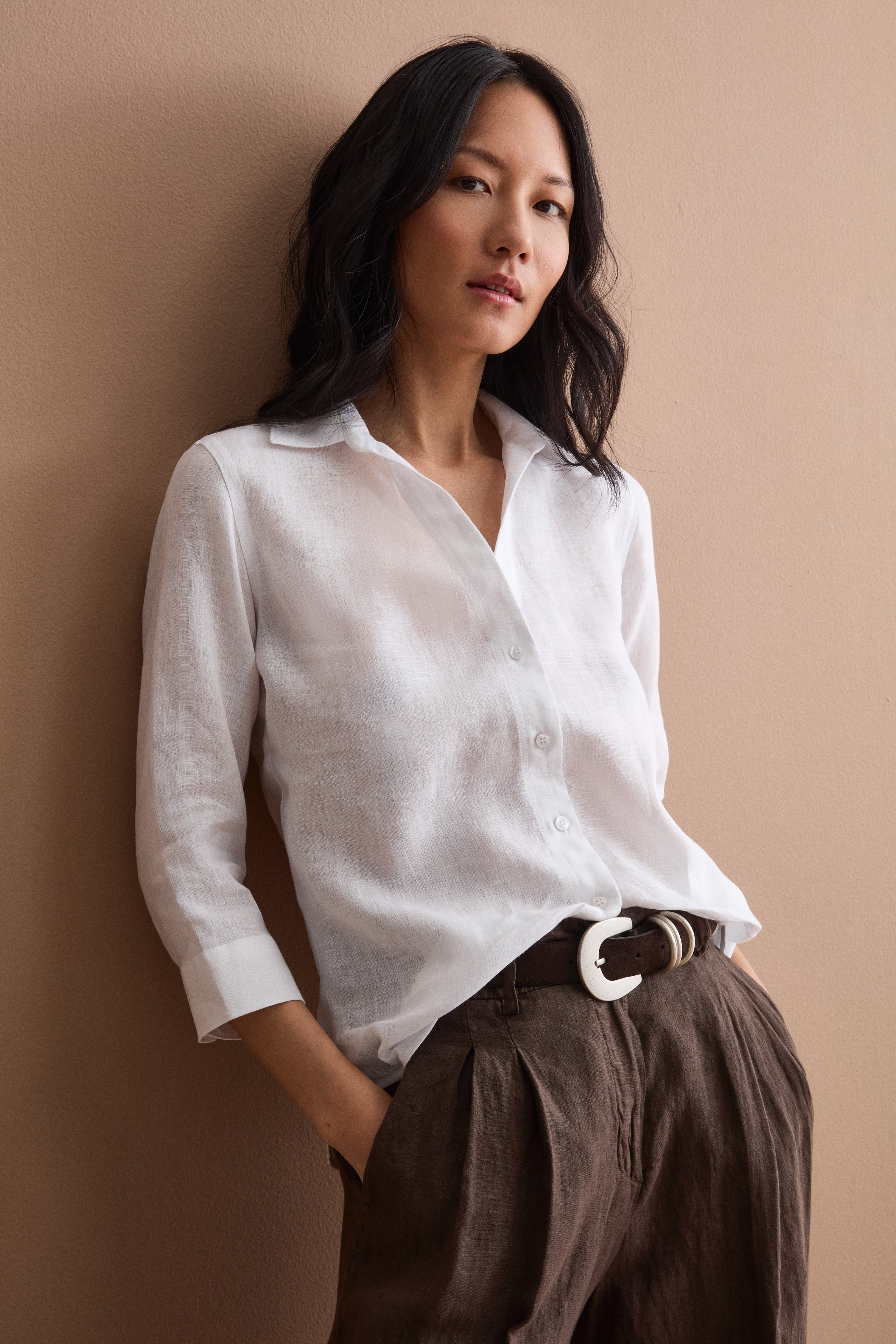 Camicia Over in Lino con Scollo Aperto - BIANCO