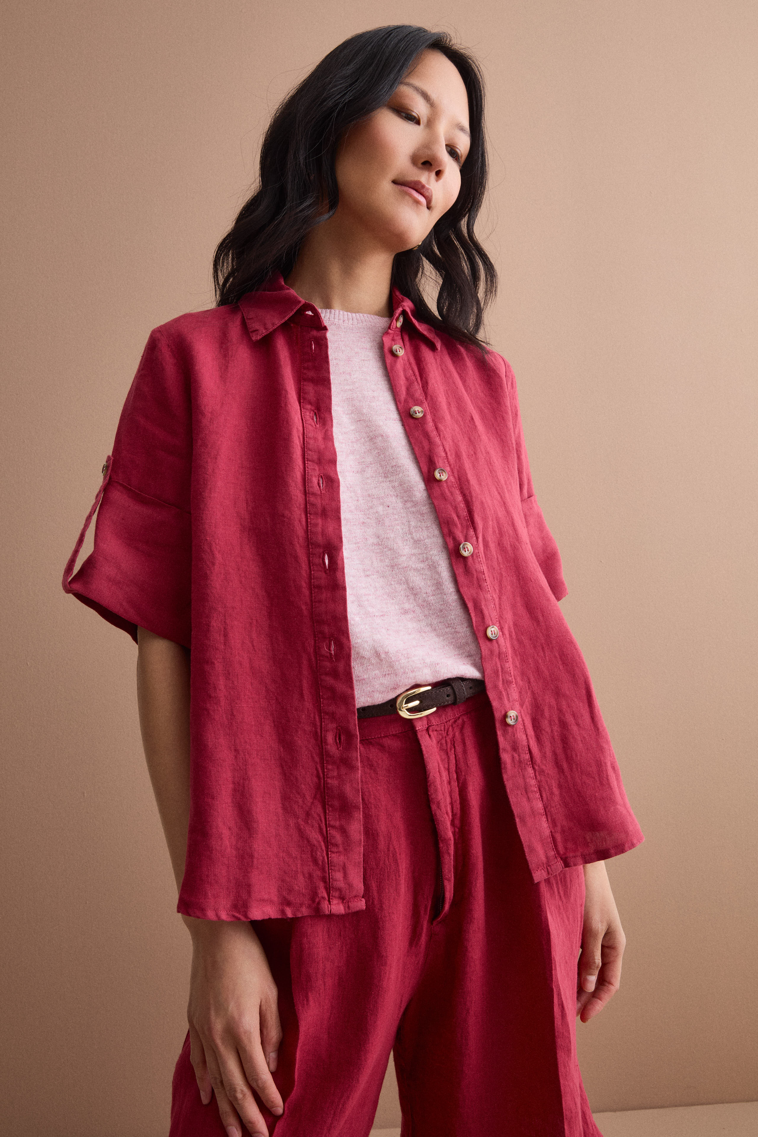 Camicia Over Cropped in Lino - BORDEAUX