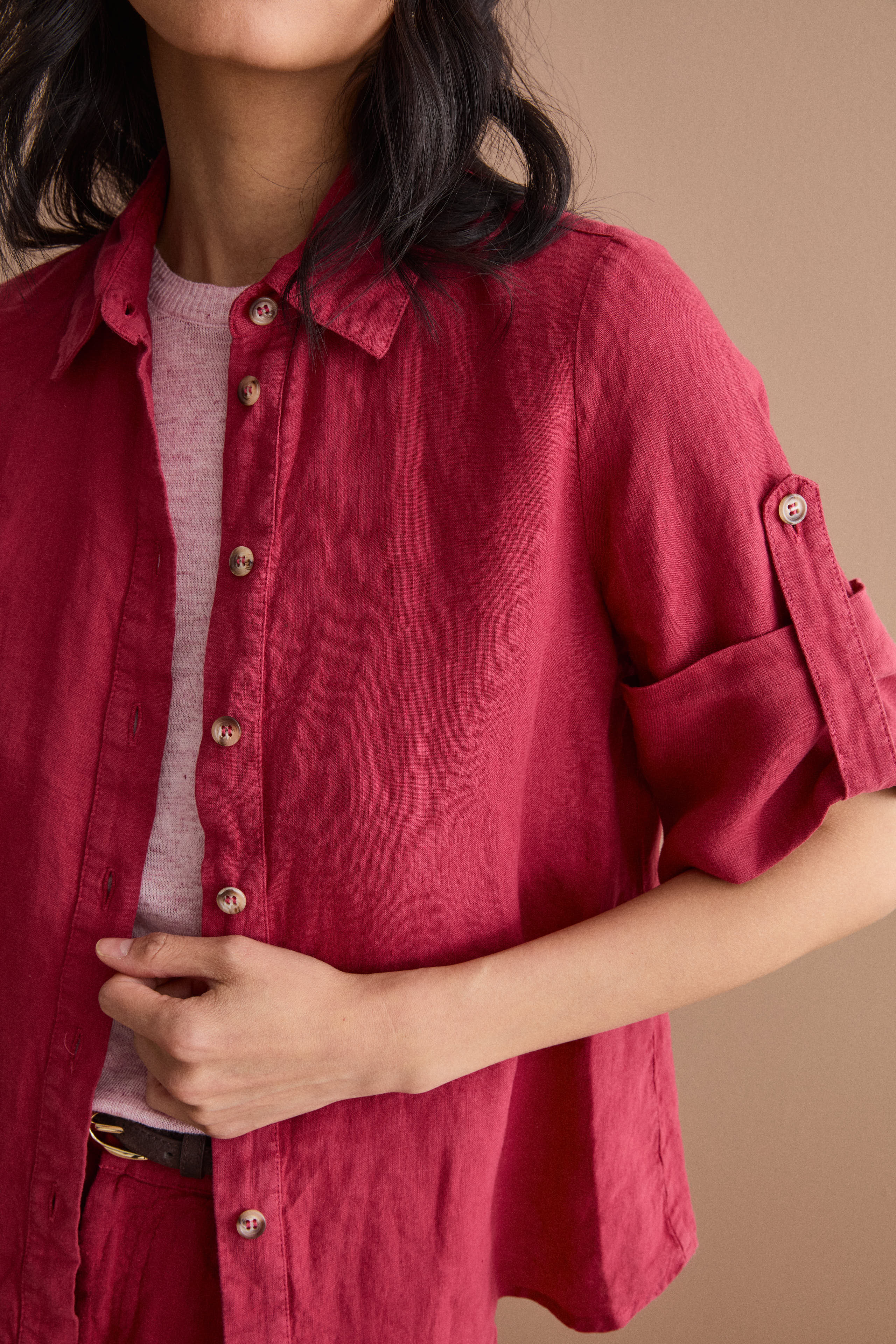 Camicia Over Cropped in Lino - BORDEAUX
