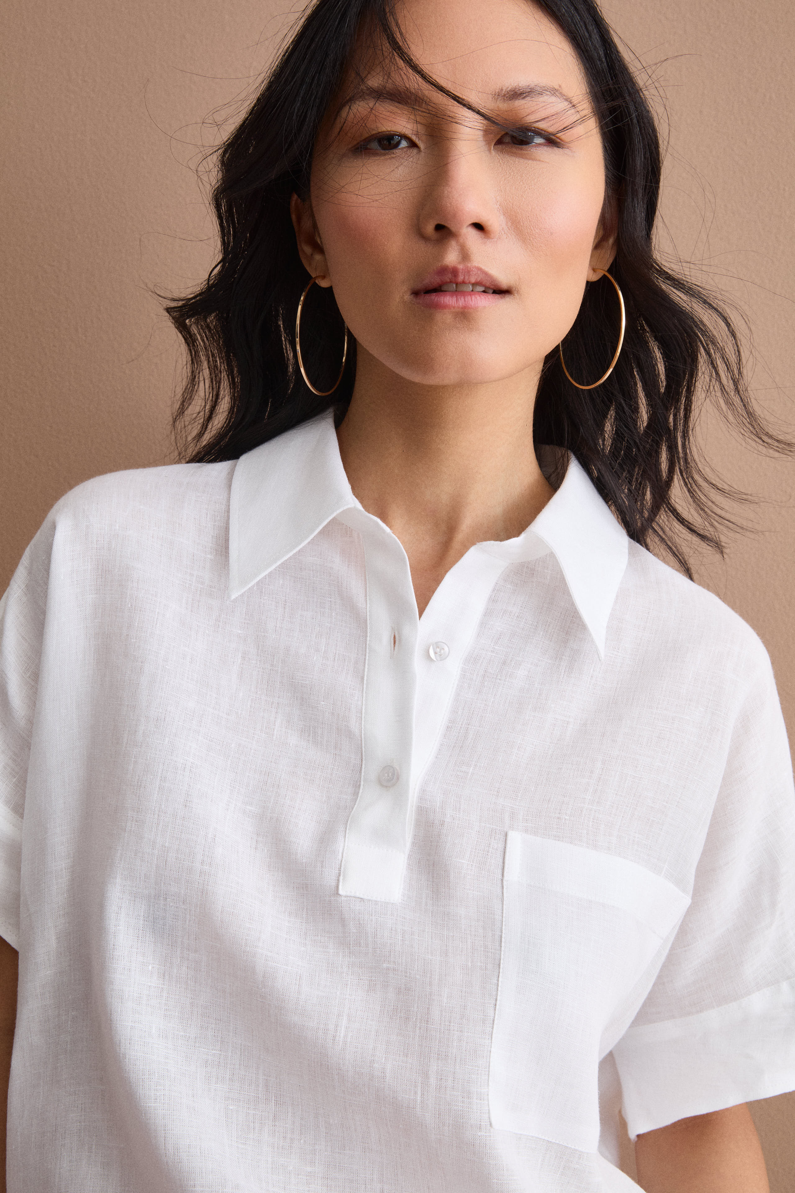 Camicia Polo Over in Lino con Taschino - BIANCO