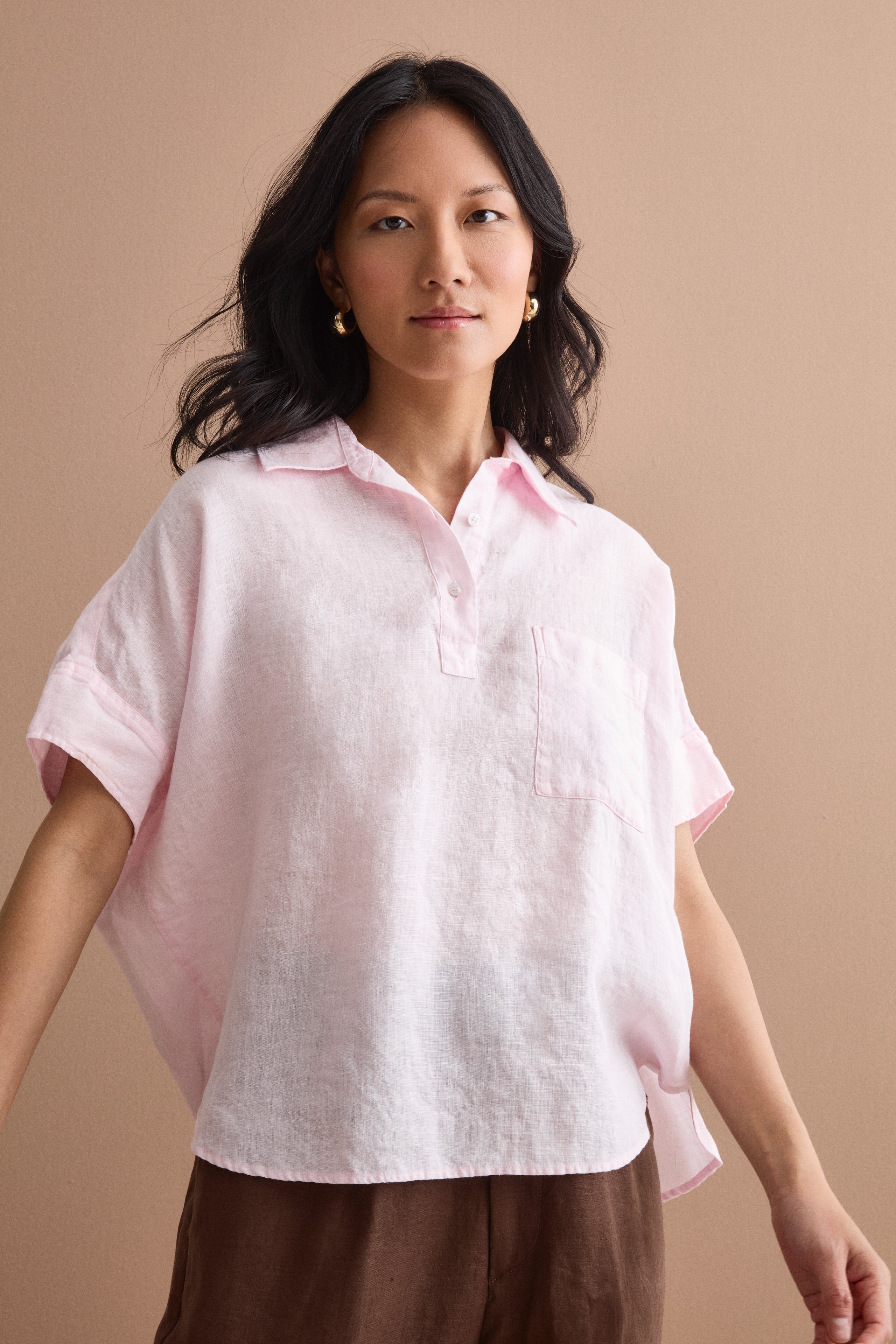 Camicia Polo Over in Lino con Taschino - ROSA