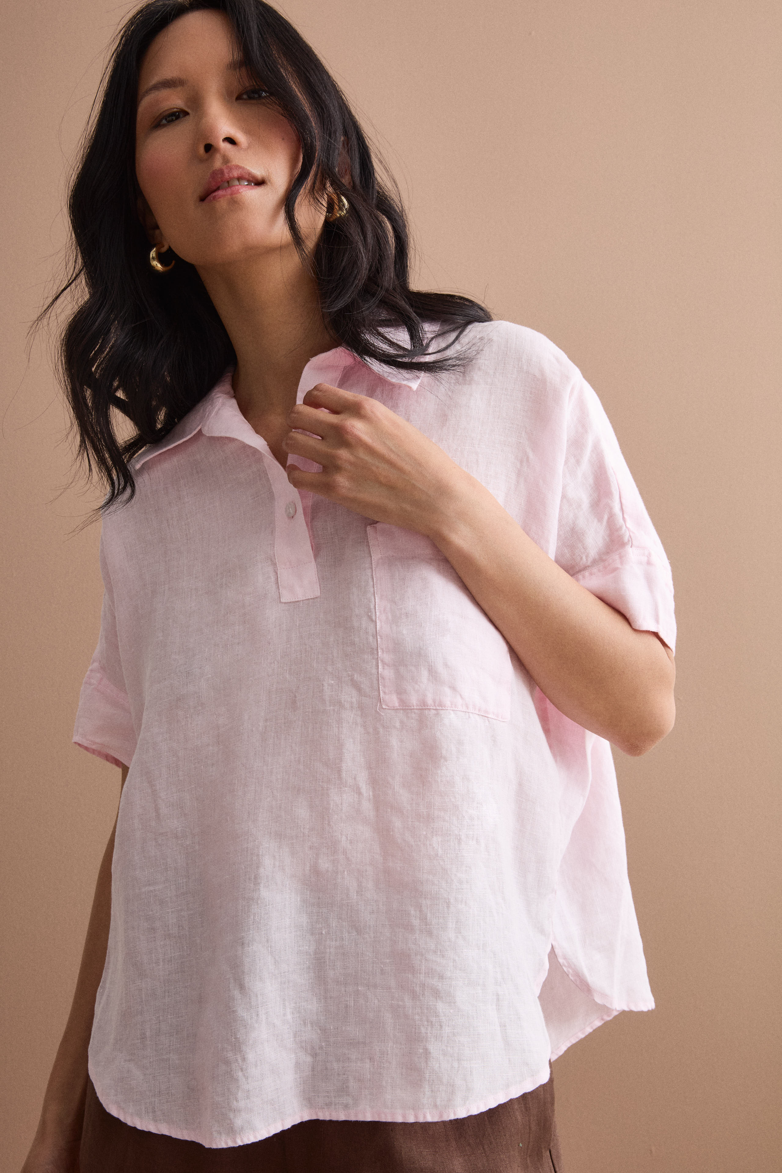Camicia Polo Over in Lino con Taschino - ROSA
