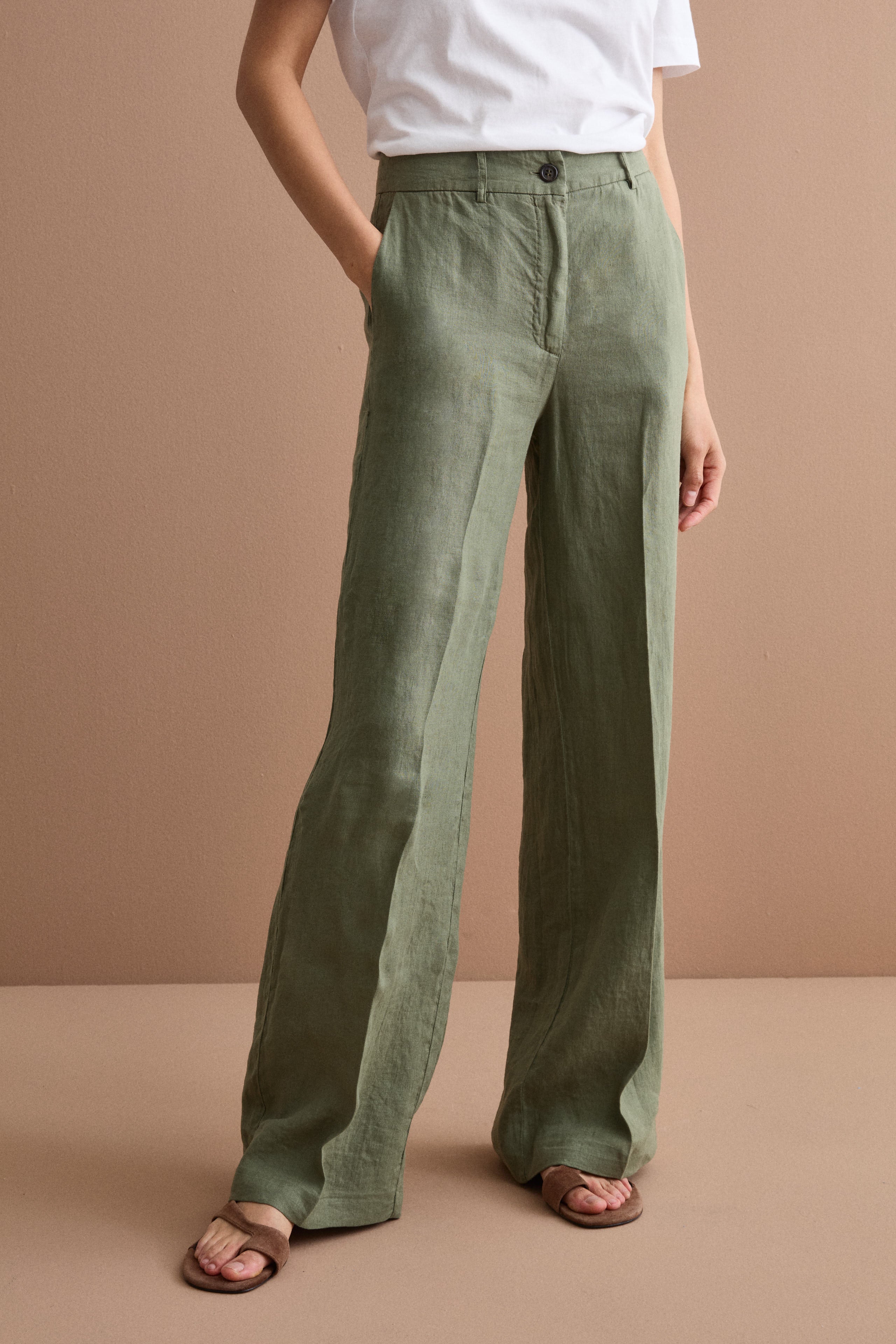 Pantalone Wide Leg in Lino - VERDE MILITARE