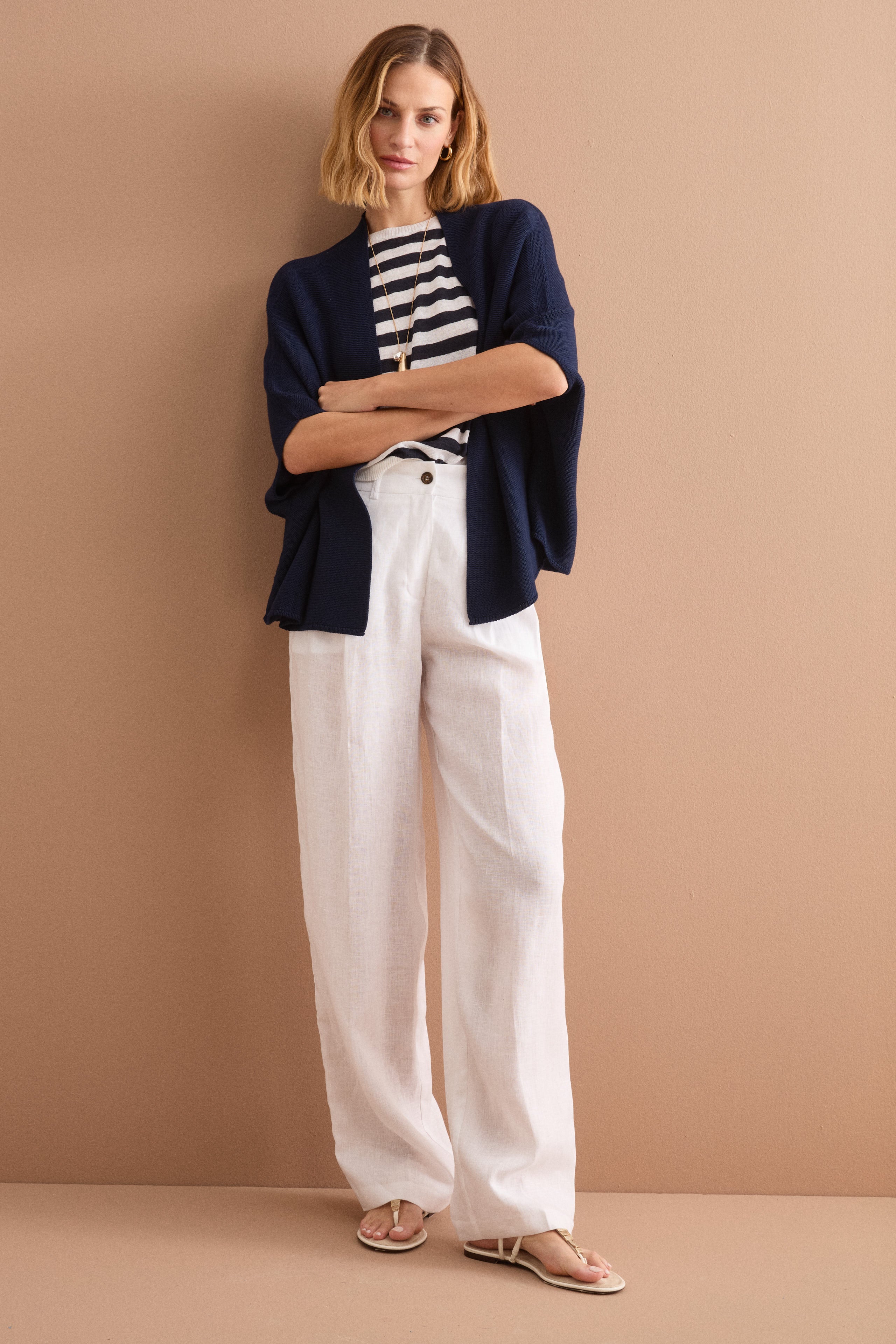 Pantalone Gamba Larga in Lino con Pinces - BIANCO