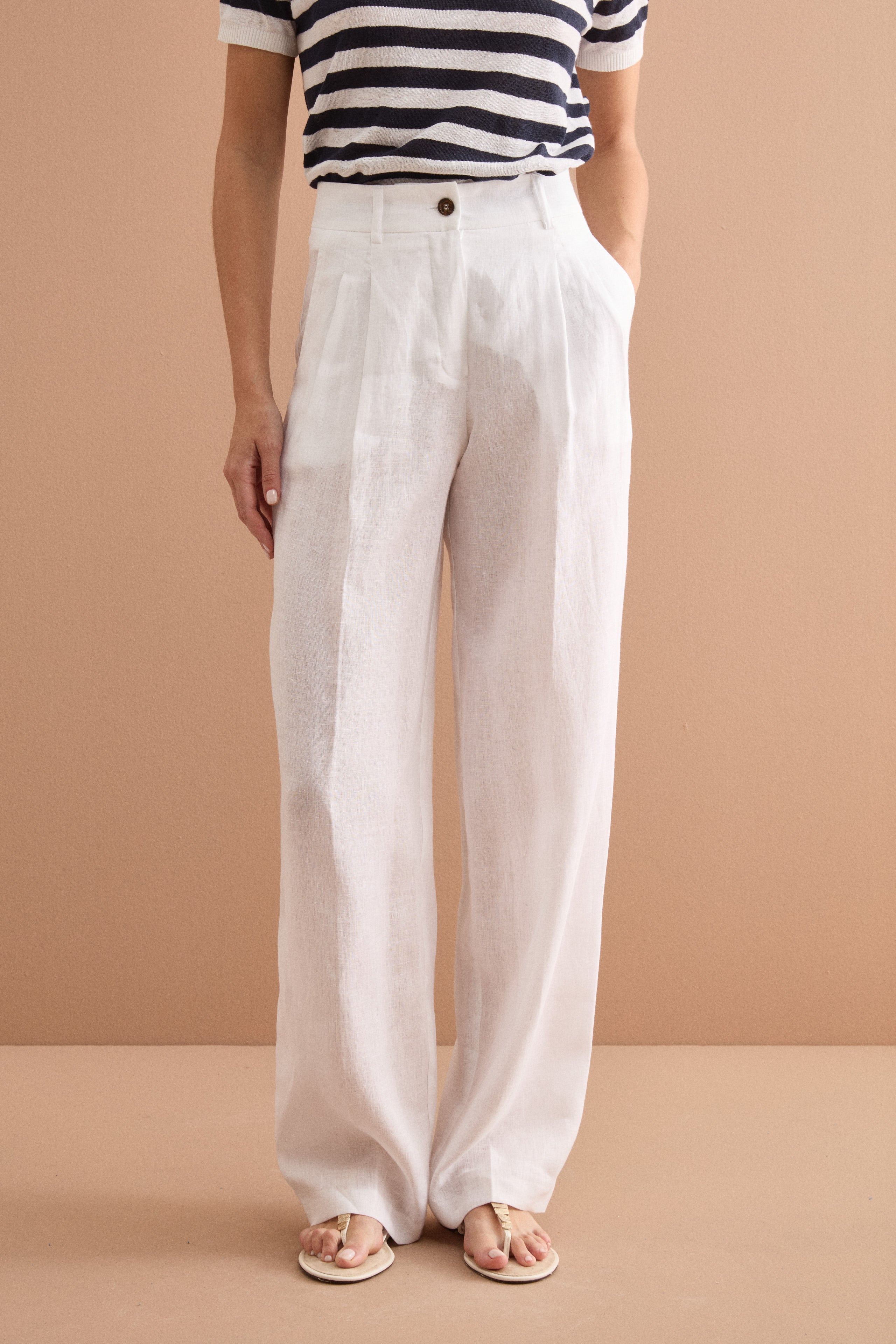 Pantalone Gamba Larga in Lino con Pinces - BIANCO