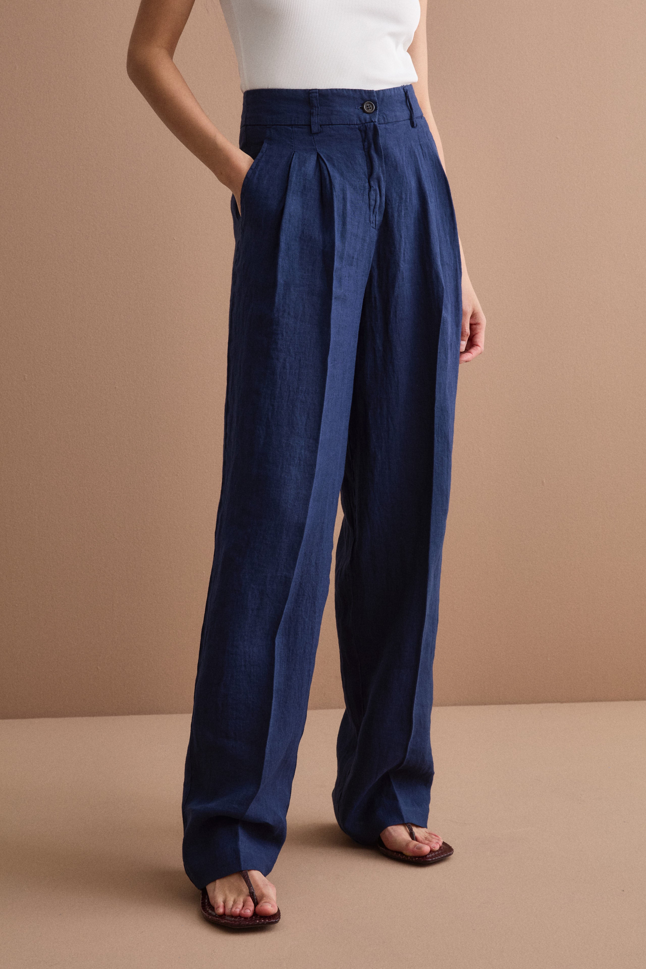 Pantalone Gamba Larga in Lino con Pinces - NAVY