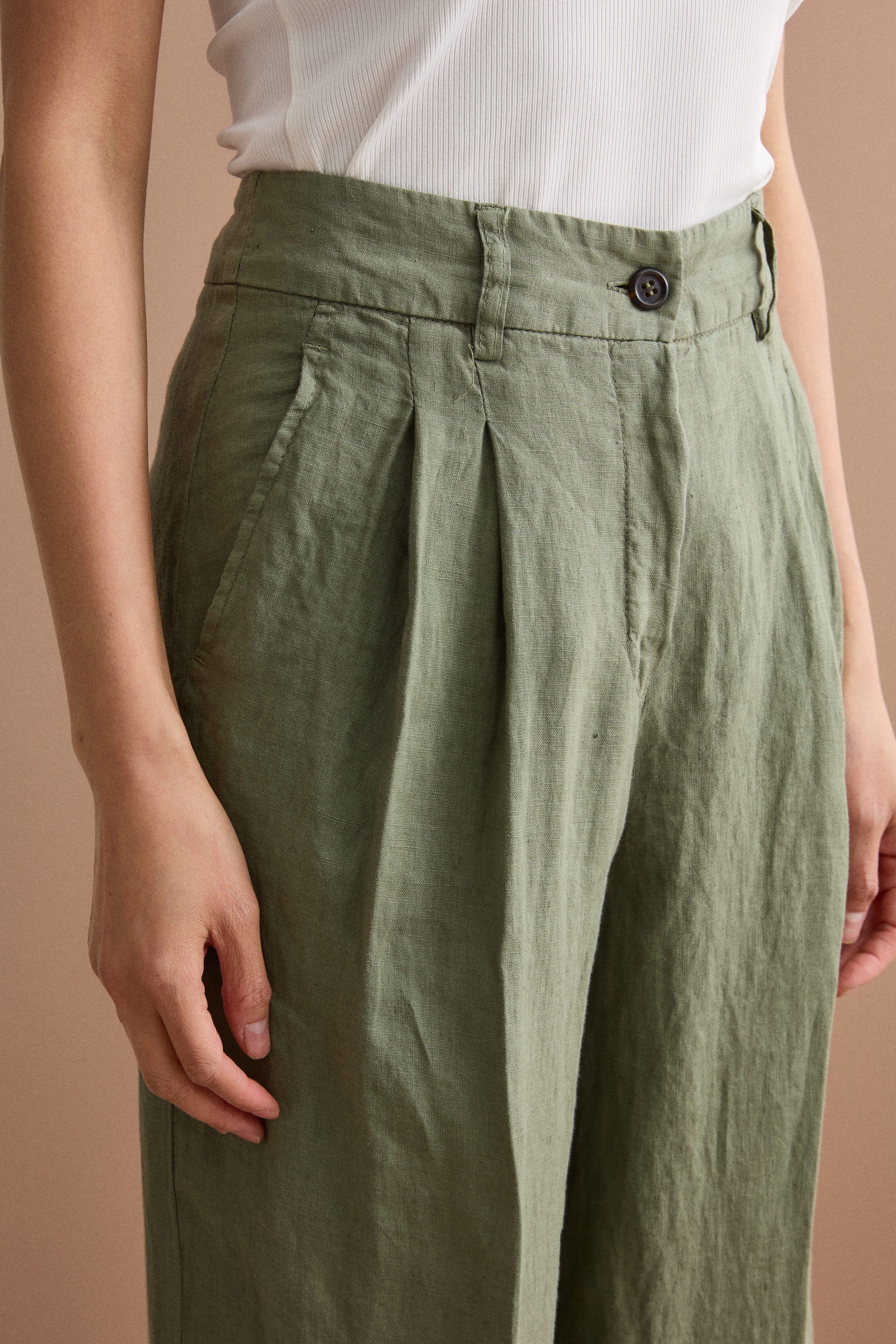 Pantalone Gamba Larga in Lino con Pinces - VERDE MILITARE
