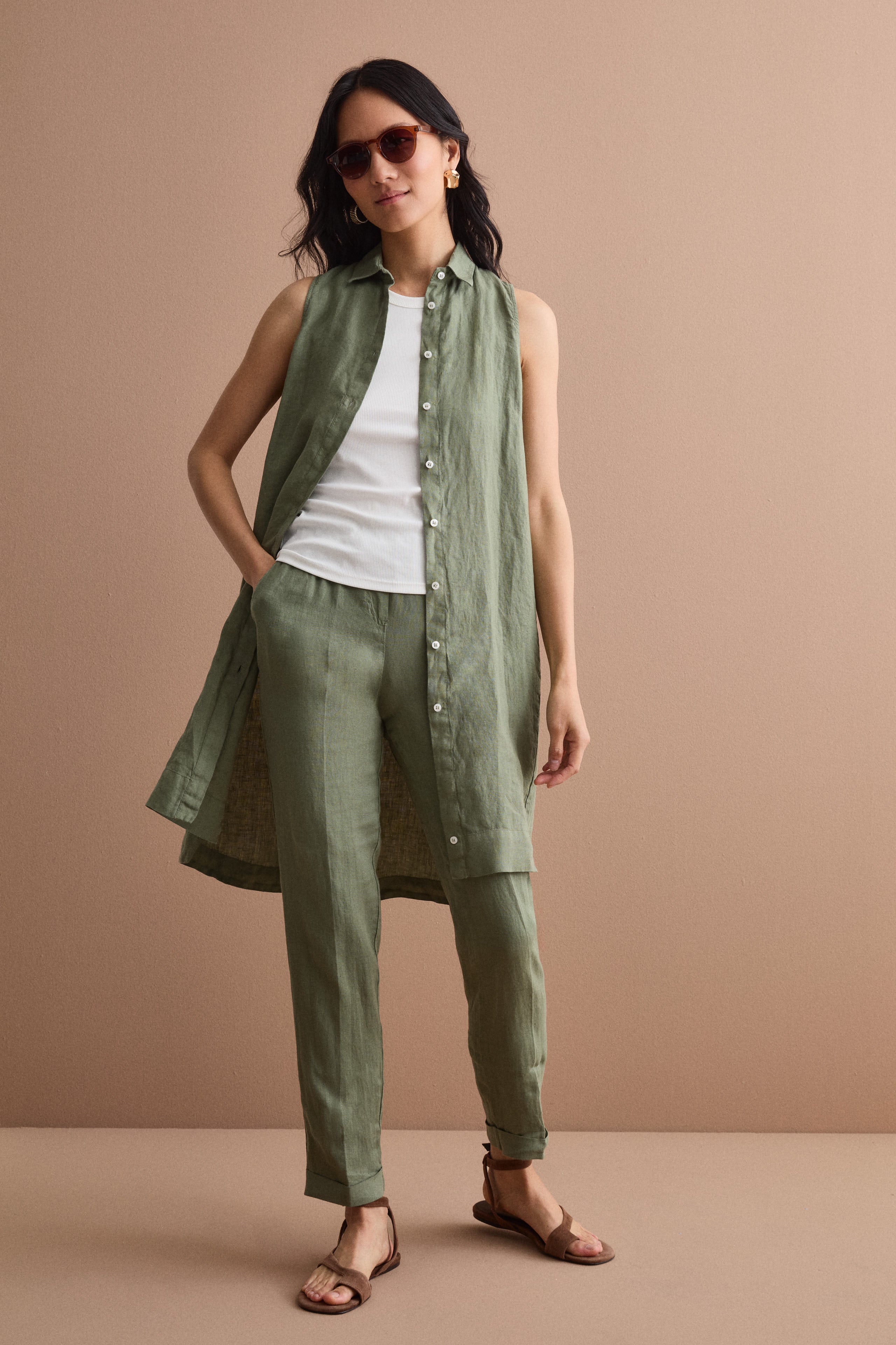 Pantalone a Sigaretta in Lino con Risvolto - VERDE MILITARE