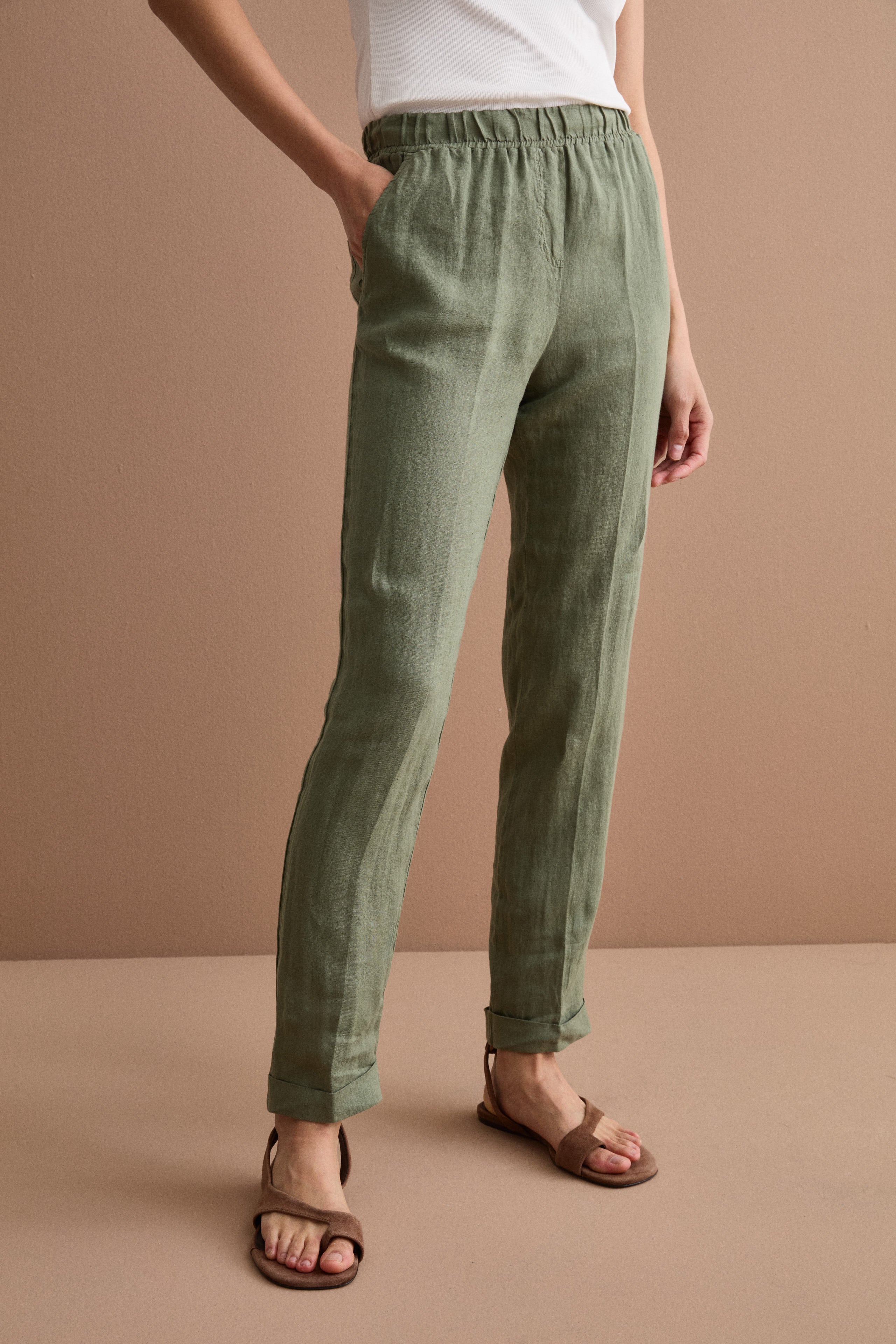 Pantalone a Sigaretta in Lino con Risvolto - VERDE MILITARE