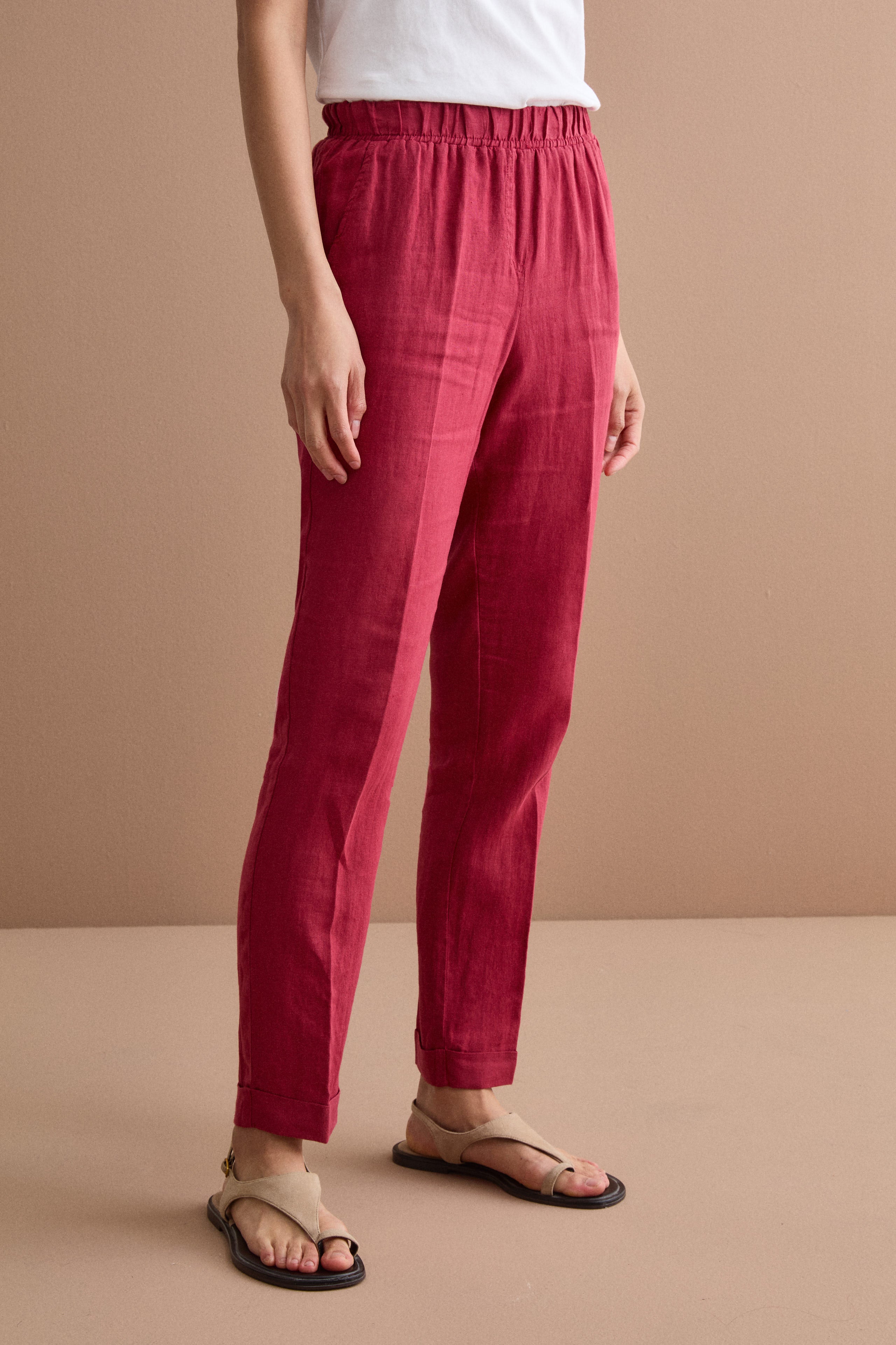 Pantalone a Sigaretta in Lino con Risvolto - BORDEAUX