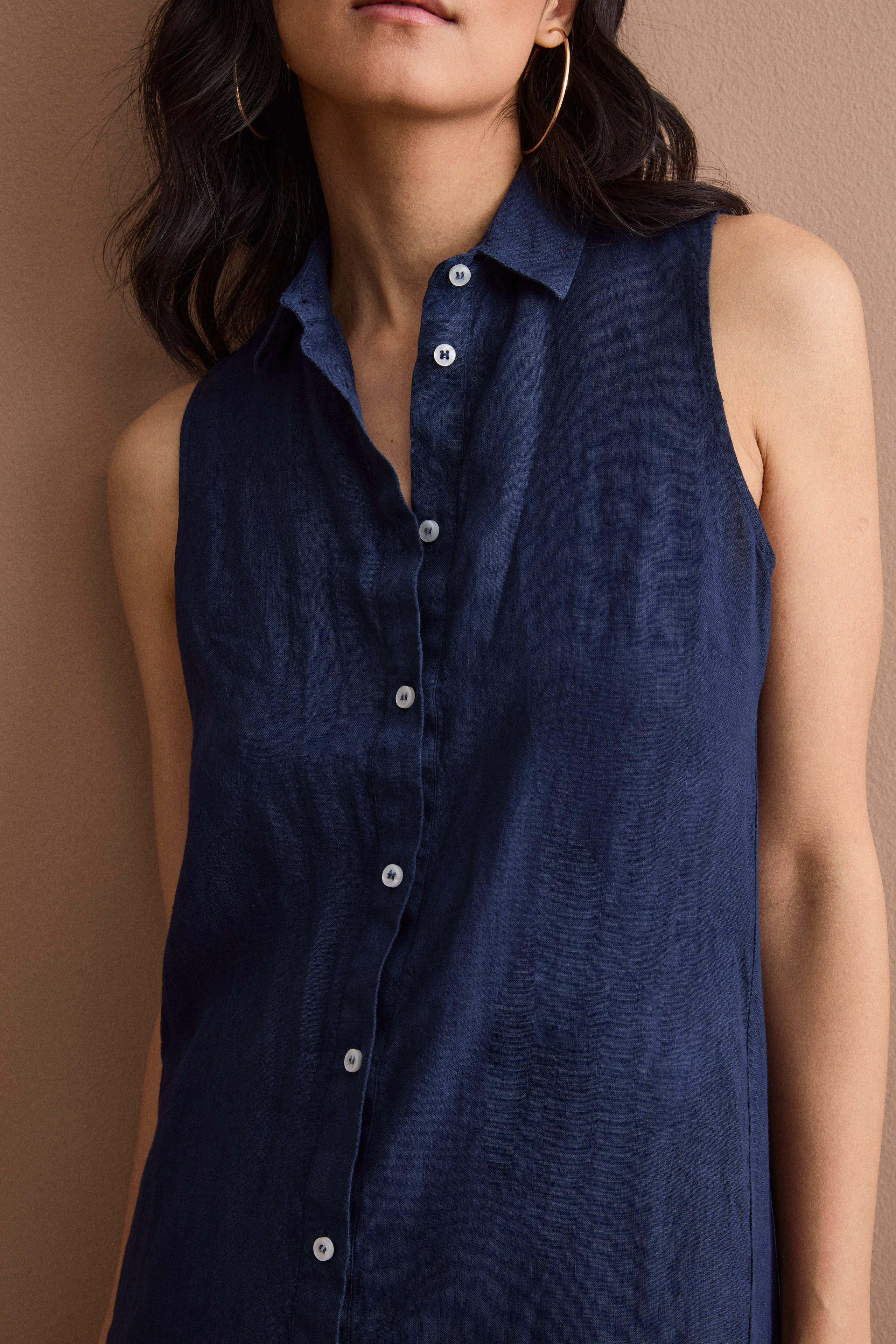 Abito Midi Smanicato Chemisier in Lino - NAVY