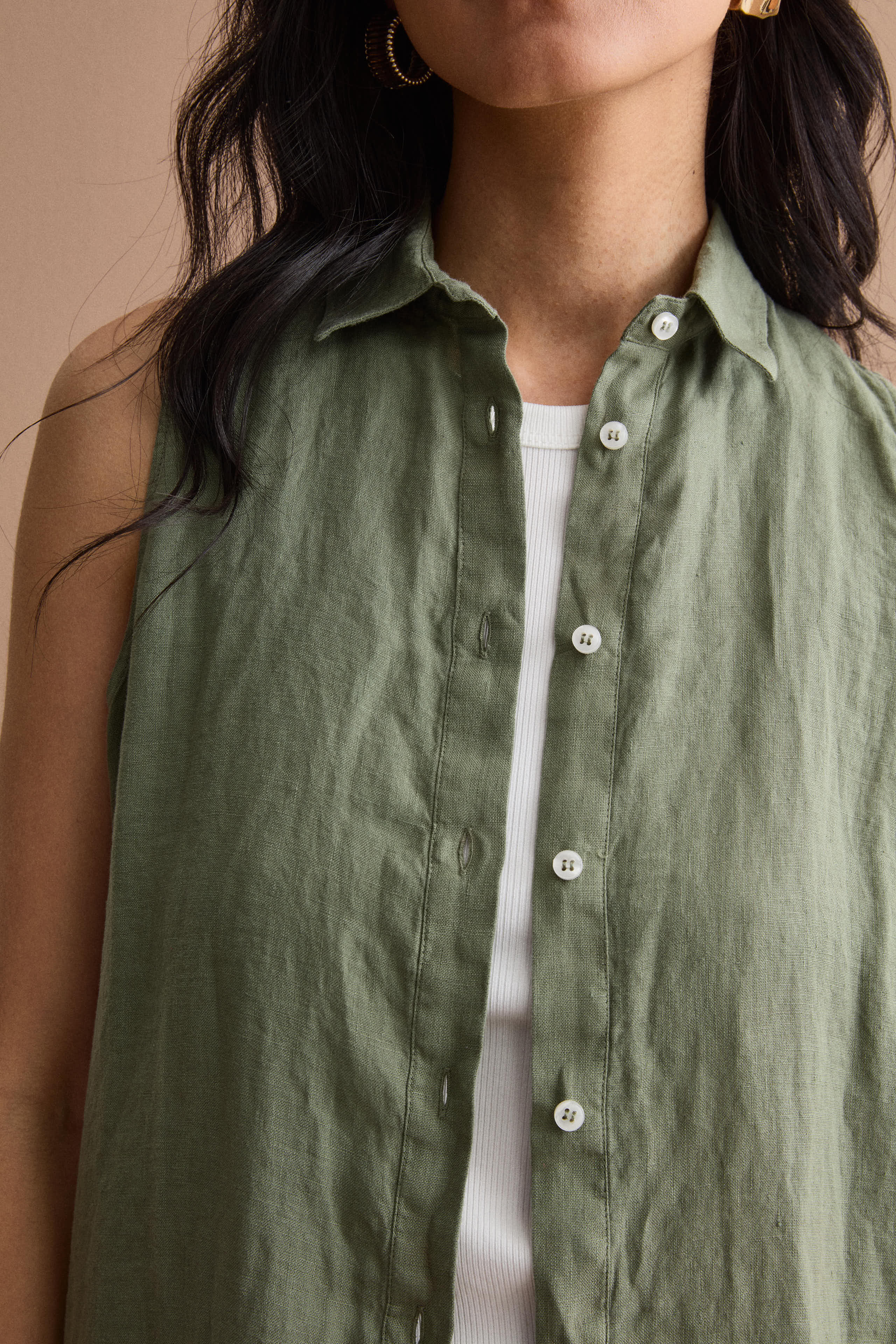 Abito Midi Smanicato Chemisier in Lino - VERDE MILITARE