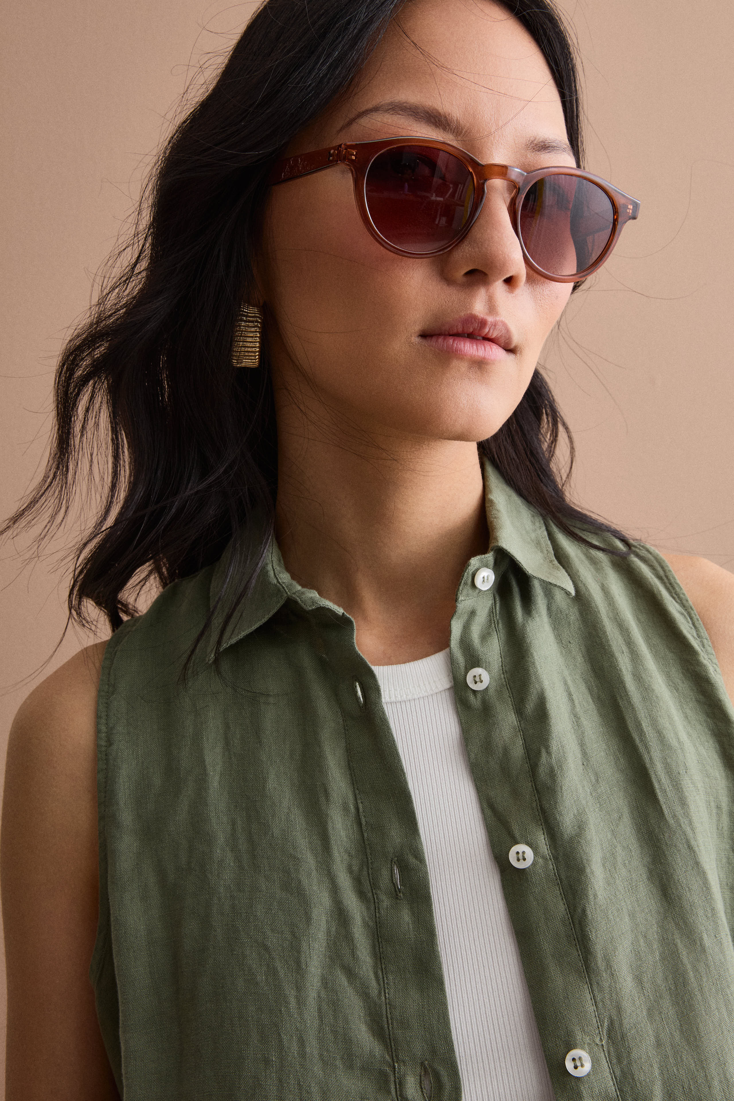 Abito Midi Smanicato Chemisier in Lino - VERDE MILITARE